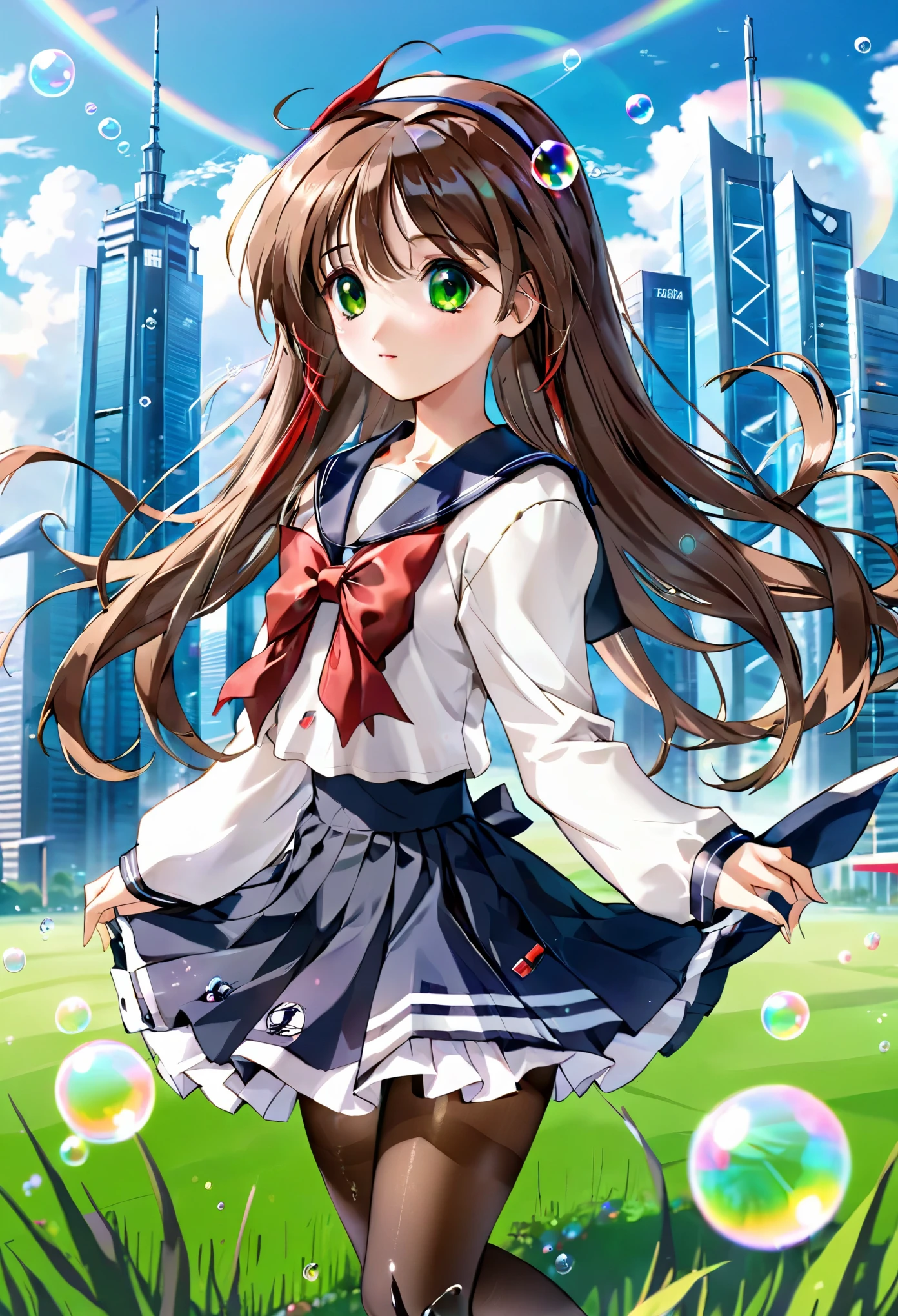 (best quality,4k,highres),ultra-detailed,realistic,portraits, Japaneese school girl, green eyes, long brown hair,anime style,futuristic, Frutiger Aero aesthetic, eco-modernist world, bokeh, ribbon headband,small breast,futuristic sailor ****ta dress,puffy sleeves,white and blue,colorful lighting, red ribbon, navy blue pantyhose, school shoes, school bag, school crest, floating bubbles, standing in a green field with distant futuristic skyscrapers in the background, tertiary colors, highly detailed, 4K.