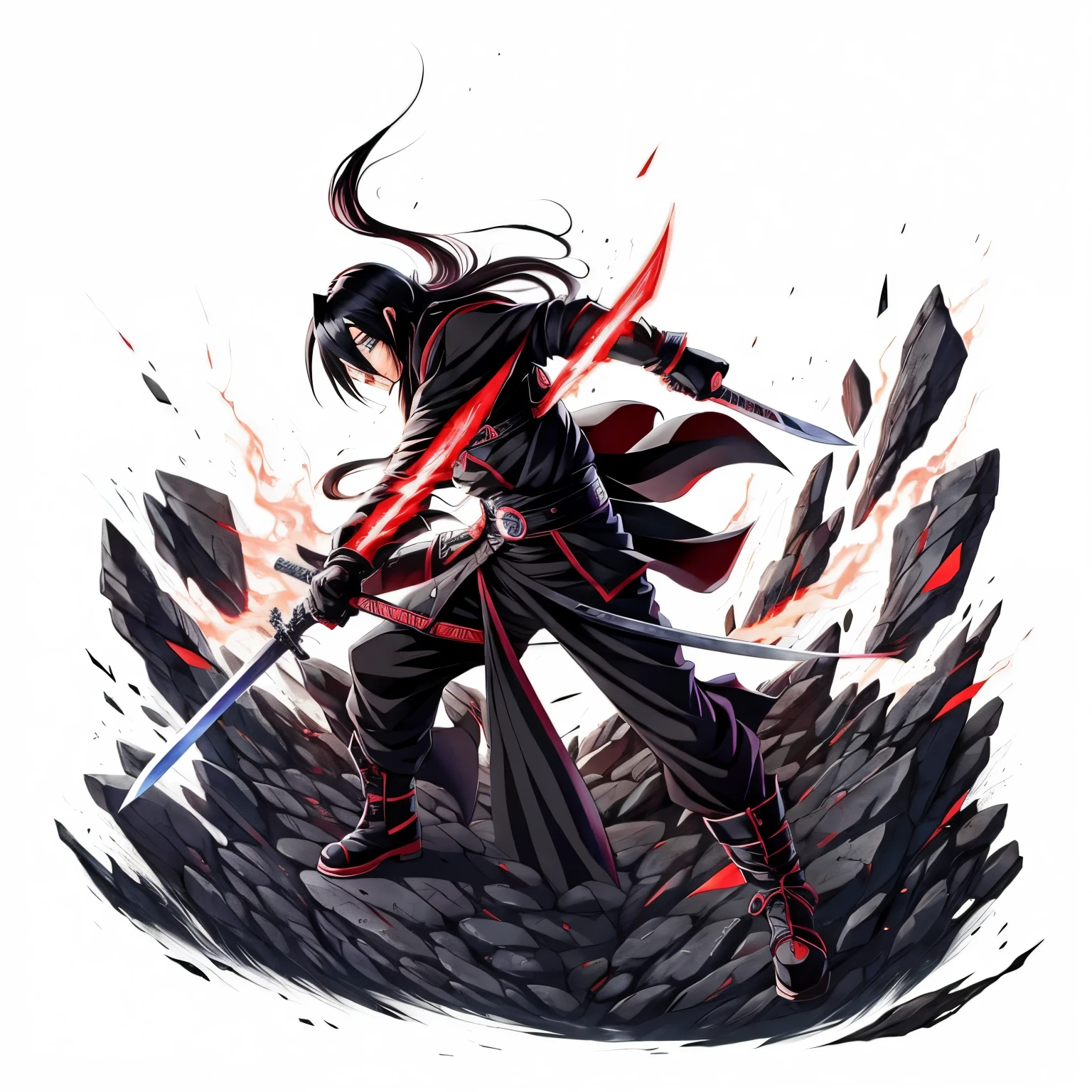 anime character with a sword and a black outfit, sasuke uchiha, itachi uchiha, badass anime 8 k, madara uchiha, itachi, ninja scroll anime style, guilty gear art style, 2 d art, 2d art, epic anime style, badass pose, itatchi uchiha, inspired by Kanō Hōgai