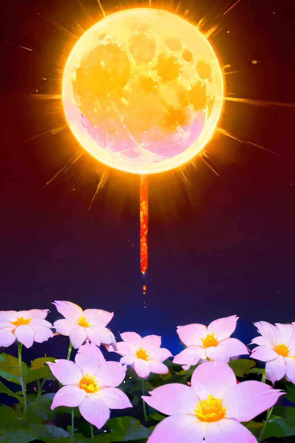 "The Lunafleur is described to be pale with petals that luminate in the moonlight that depict the Moon when closed, but when fully bloomed, the flower contains a yellow patch in its center that resembles the Sun. 
	Scientists have also noticed its odd nature in blooming only at night with enough moonshine, however, grow in the direction towards the Sun." (red color sky background), white moon, (all_white_flower) shiny, luminous_flower, beautiful, elegant, moonshine, moonlight, SCI-FI, fantasy, dreary, magnificent, fog, low key, at night, center resembling the Sun, Flower sligns with moon in background, symbolize eclipse, (Exquisitely Detailed), Masterpiece, Best quality, official art, Unity 8k wallpaper, Ultra detailed,(Soft lighting), Cinematic light,
