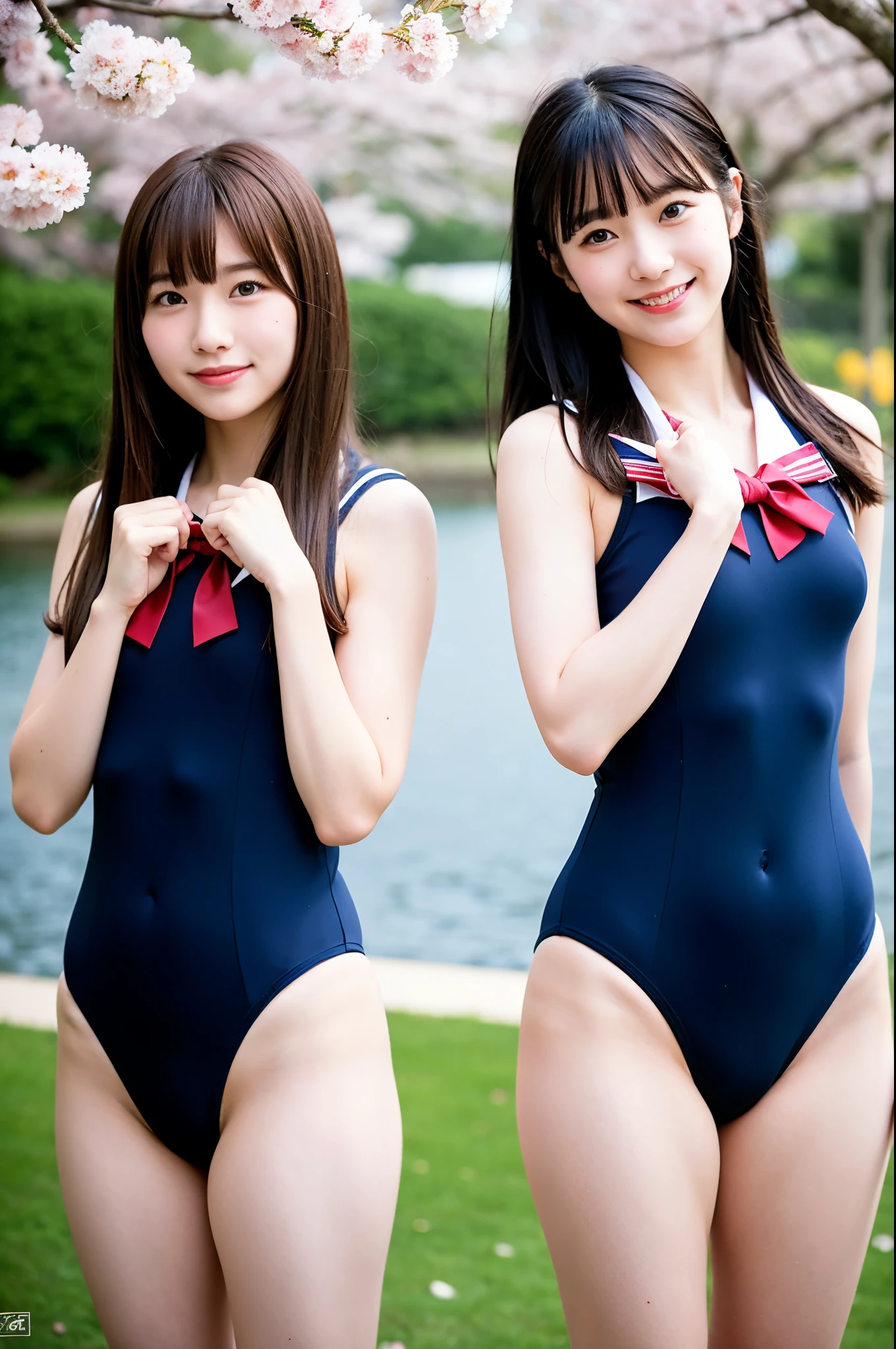 girls standing in cherry blossom park,navy blue sailor school swimsuit with red bow tie,18-year-old,bangs,a little smile,thighs,knees,straight hair with barrette,from below,front-lighting