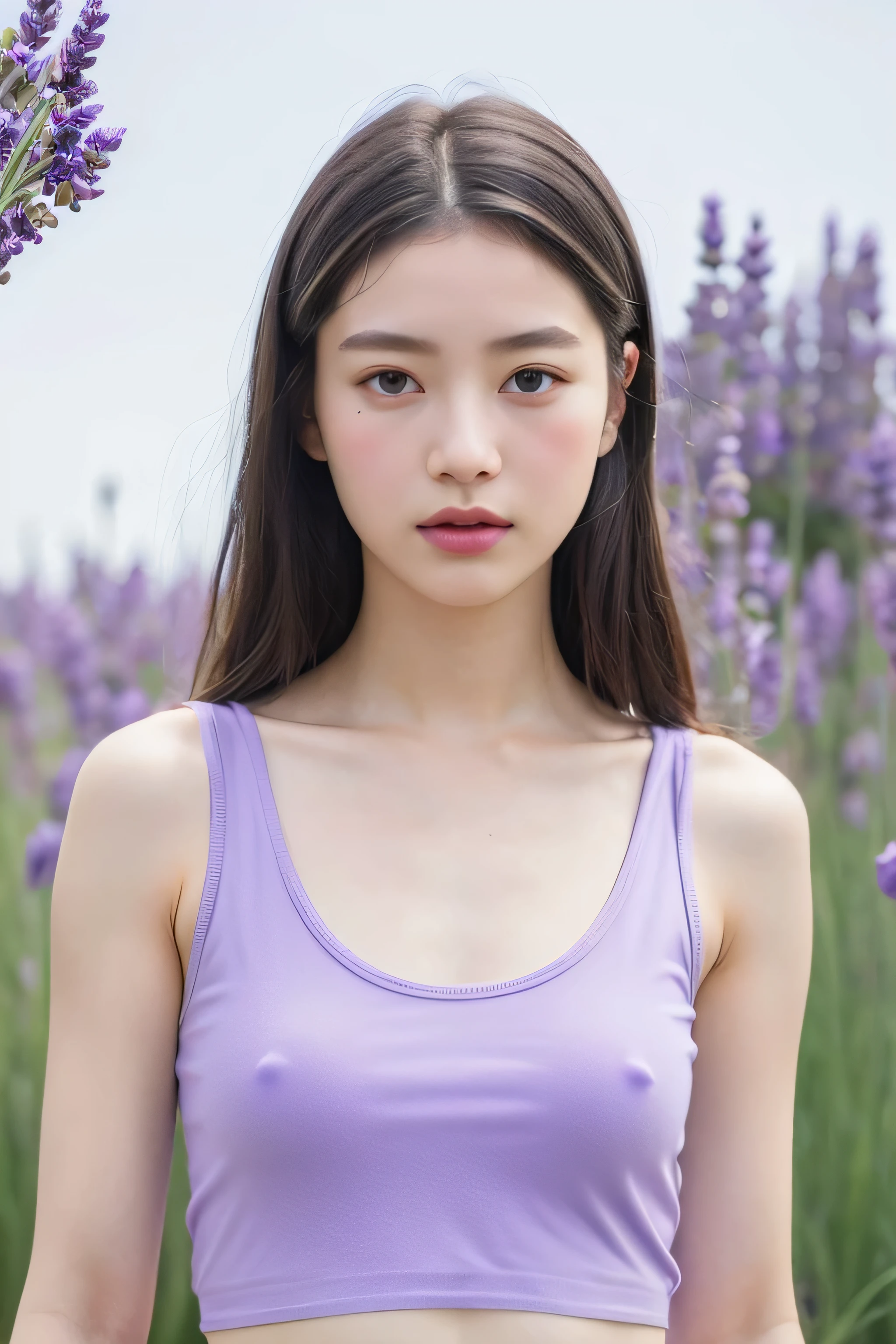 (extra detailed body、extra detailed face、best qualtiy:1.2)、femele、looking at the viewers、(White transparent tank top、)、(Lavender on background:1.4), small breast, white bra inside tank top