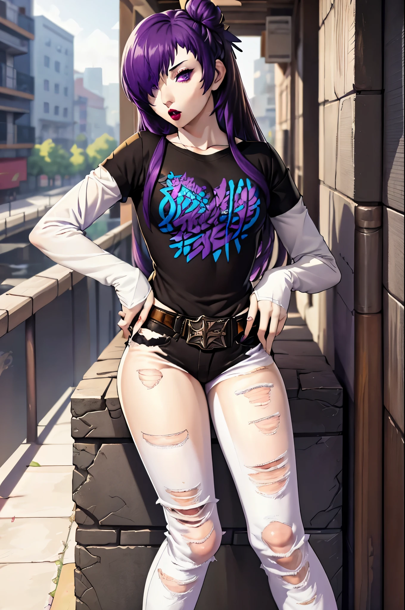 masterpiece, best quality, shez, hair over one eye, purple hair, purple eyes, 1girl, solo, standing, black t-shirt, white shirt, blue jeans, belt, lipstick, sneakers