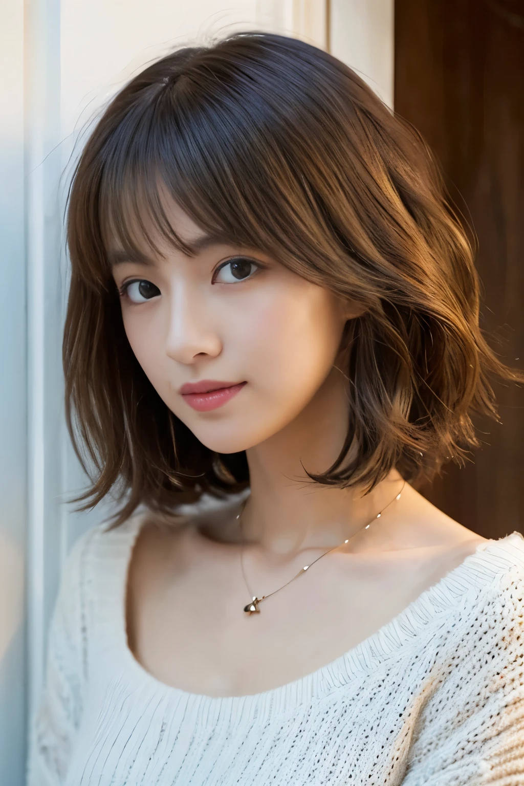 (top-quality、8K、32K、​masterpiece、nffsw:1.2)、cute little日本人女性の写真、large full breasts、very short bobbed hair、The upper part of the body、sface focus、Oversized_Sweaters、a necklace、simple background、From  above、looking at the viewerix4、(8K、Raw photography、top-quality、​masterpiece:1.2)、(realisitic、Photorealsitic:1.37)、1girl in、cute little、profetional lighting、photon maping、physically-based renderingt、Gradient Brunette Hair、short  curly hair、a handsome、Girly、superior image quality、hight resolution、1080p、(Clear face)、(Detailed face description)、(Detailed hand description)、(masuter piece)、(Exquisite CG)、 extreme light and shadows、hair messy、​masterpiece、lush detail、(Exquisite facial features)、(The highest image quality)、(​masterpiece)、(A detailed eye)、Looking forward to your eyes、Delicate collarbones、Poses variadas、don&#39;t watch mela、profile、white walls、Taken in front of the white door、(white walls room with window)、Autumn clothes、Winter clothes、simple a necklace、light blue knit