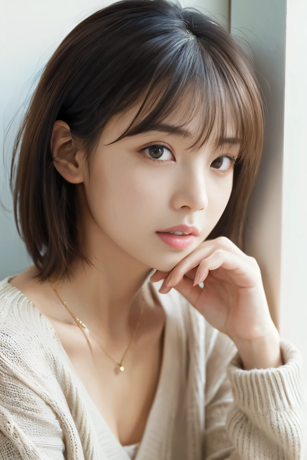 (top-quality、8K、32K、​masterpiece、nffsw:1.2)、cute little日本人女性の写真、large full breasts、very short bobbed hair、The upper part of the body、sface focus、Oversized_Sweaters、a necklace、simple background、From  above、looking at the viewerix4、(8K、Raw photography、top-quality、​masterpiece:1.2)、(realisitic、Photorealsitic:1.37)、1girl in、cute little、profetional lighting、photon maping、physically-based renderingt、Gradient Brunette Hair、short  curly hair、a handsome、Girly、superior image quality、hight resolution、1080p、(Clear face)、(Detailed face description)、(Detailed hand description)、(masuter piece)、(Exquisite CG)、 extreme light and shadows、hair messy、​masterpiece、lush detail、(Exquisite facial features)、(The highest image quality)、(​masterpiece)、(A detailed eye)、Looking forward to your eyes、Delicate collarbones、Poses variadas、don&#39;t watch mela、profile、white walls、Taken in front of the white door、(white walls room with window)、Autumn clothes、Winter clothes、simple a necklace、light blue knit