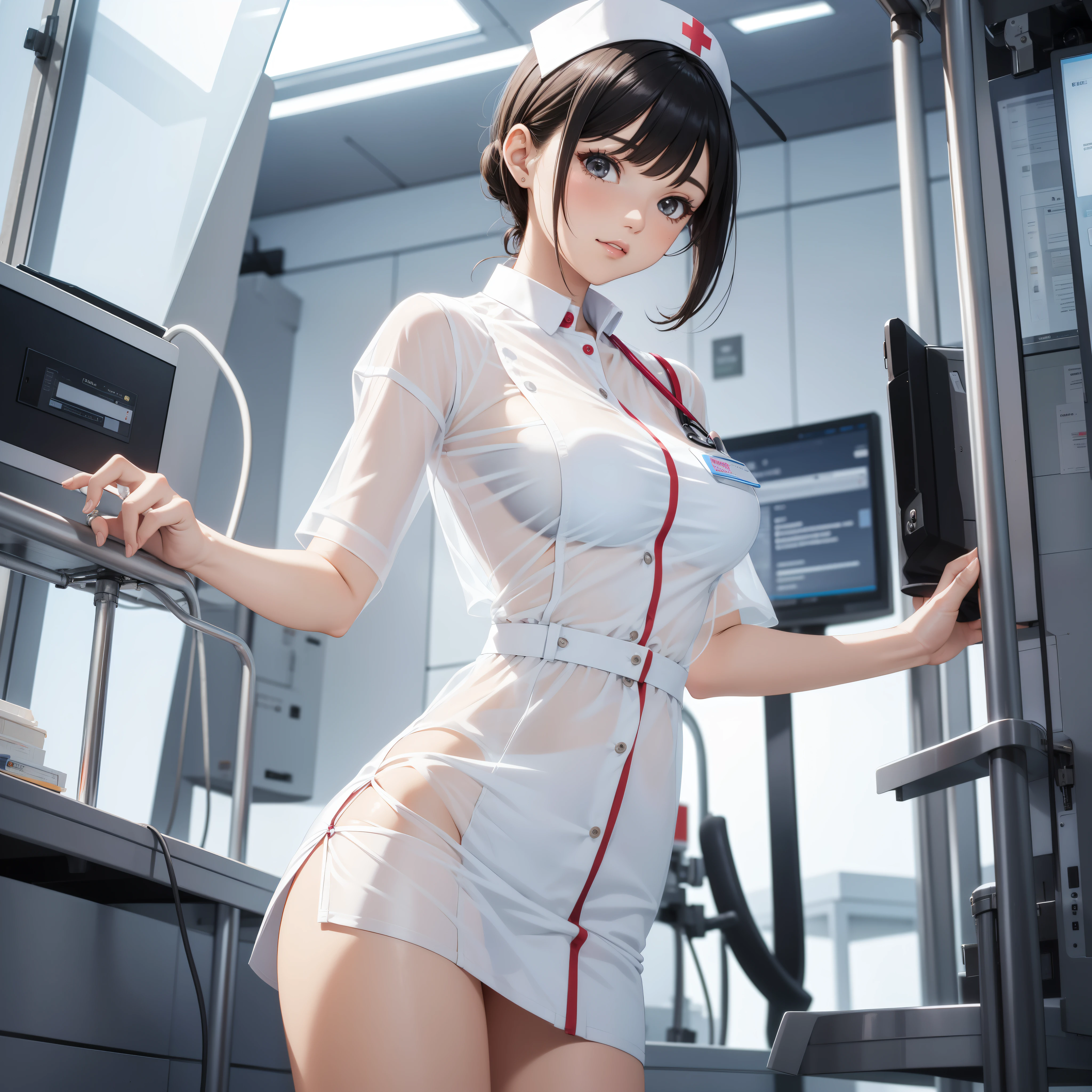 Beautiful female nurse,1 woman,short mini dress,see-through transparent clothes