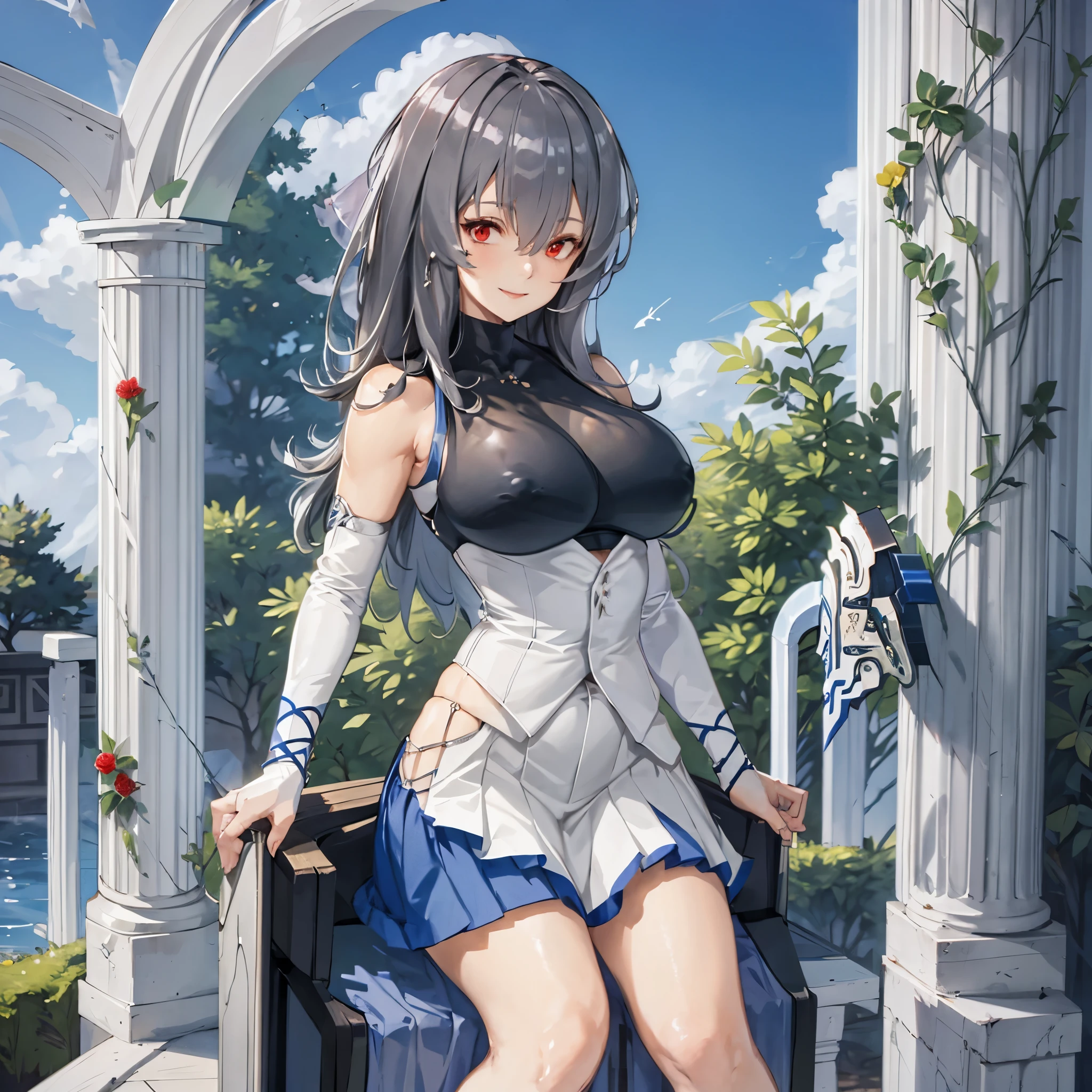 A woman with gray hair, red eyes, wearing a blue sleeveless shirt, wearing a white skirt, big breasts, smiling, in a pavilion in a garden
