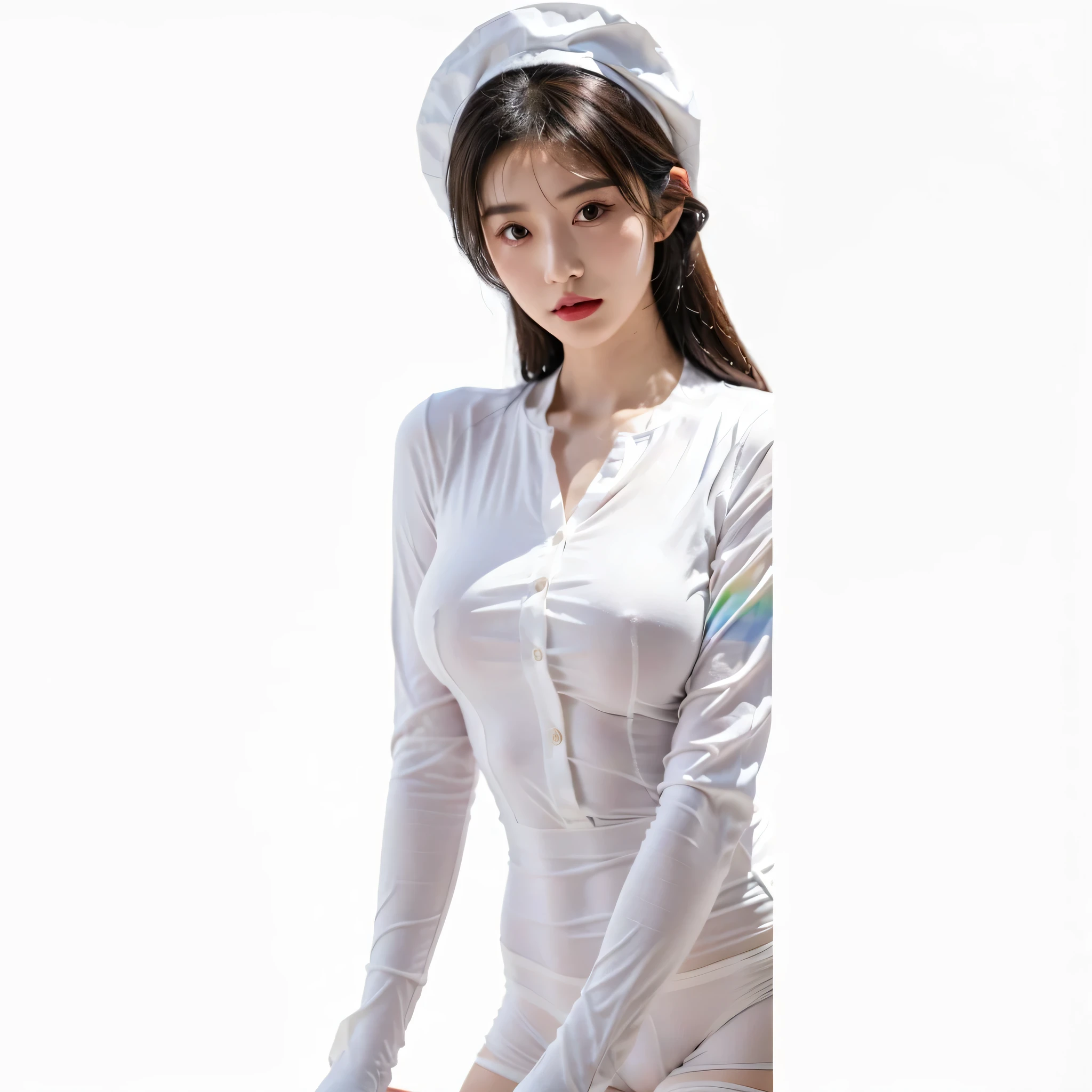 Araf woman wearing white dress and white hat, Stylish white skinny suit, Tight rainbow bodysuit, Iridescent Transparent Underwear, Cute girl in costume, private nurse uniform, high quality clothing, translucent dress, V-shaped bust clothes, Wearing white tights, Fair, Smooth and translucent skin, wearing translucent sheets, translucent body