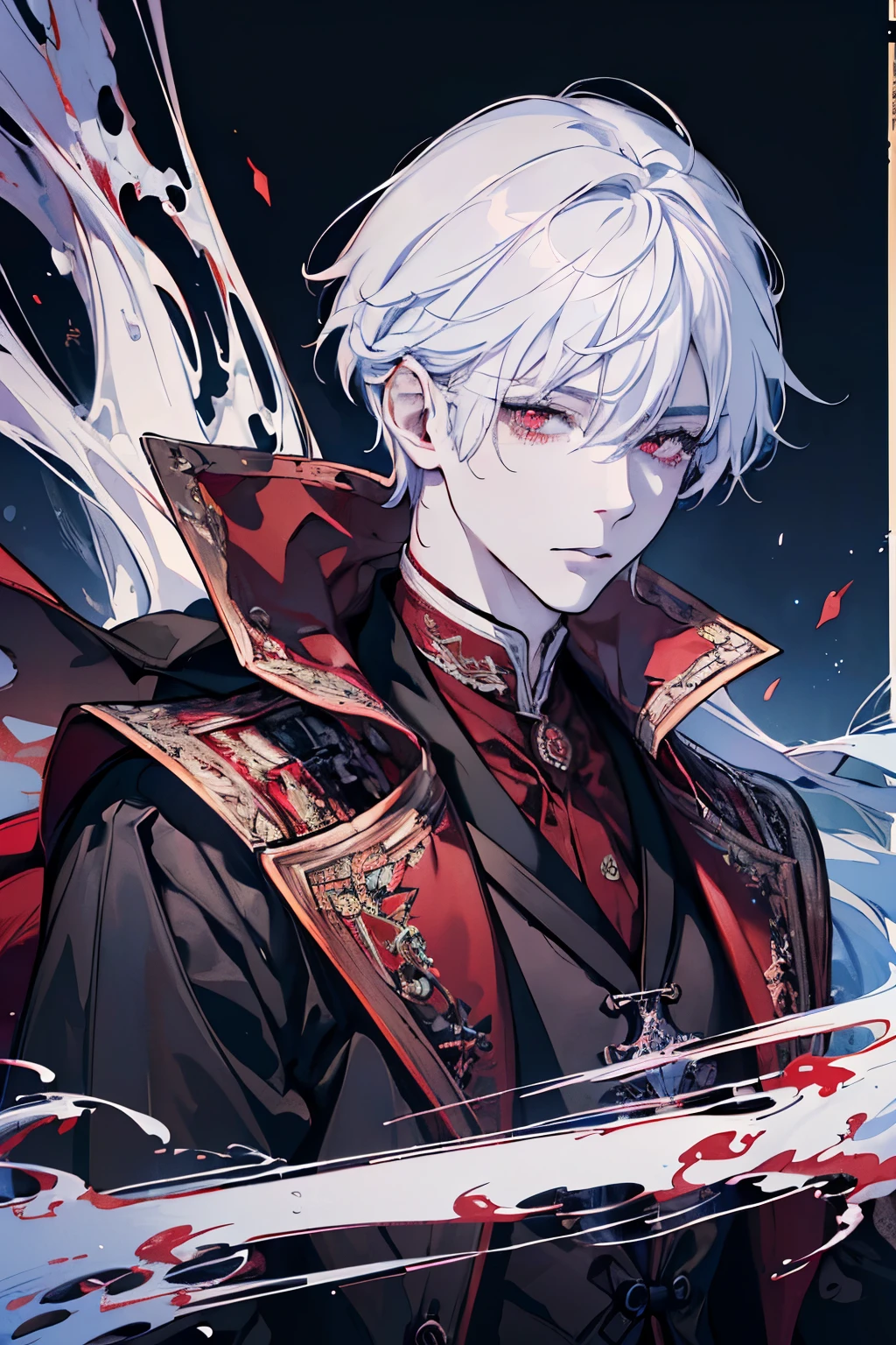 masterpiece, best quality, ((1 MAN)), (colorful),(finely detailed beautiful eyes and detailed face),cinematic lighting,extremely detailed CG unity 8k wallpaper, (light theme:1.6), Overcoat, white hair and ((red eyes)), red enviroment, blood, boy, time lord, ((1 MALE)), body shot, manly male, ((short hair)) ((elf earANLY))) (Dracula)