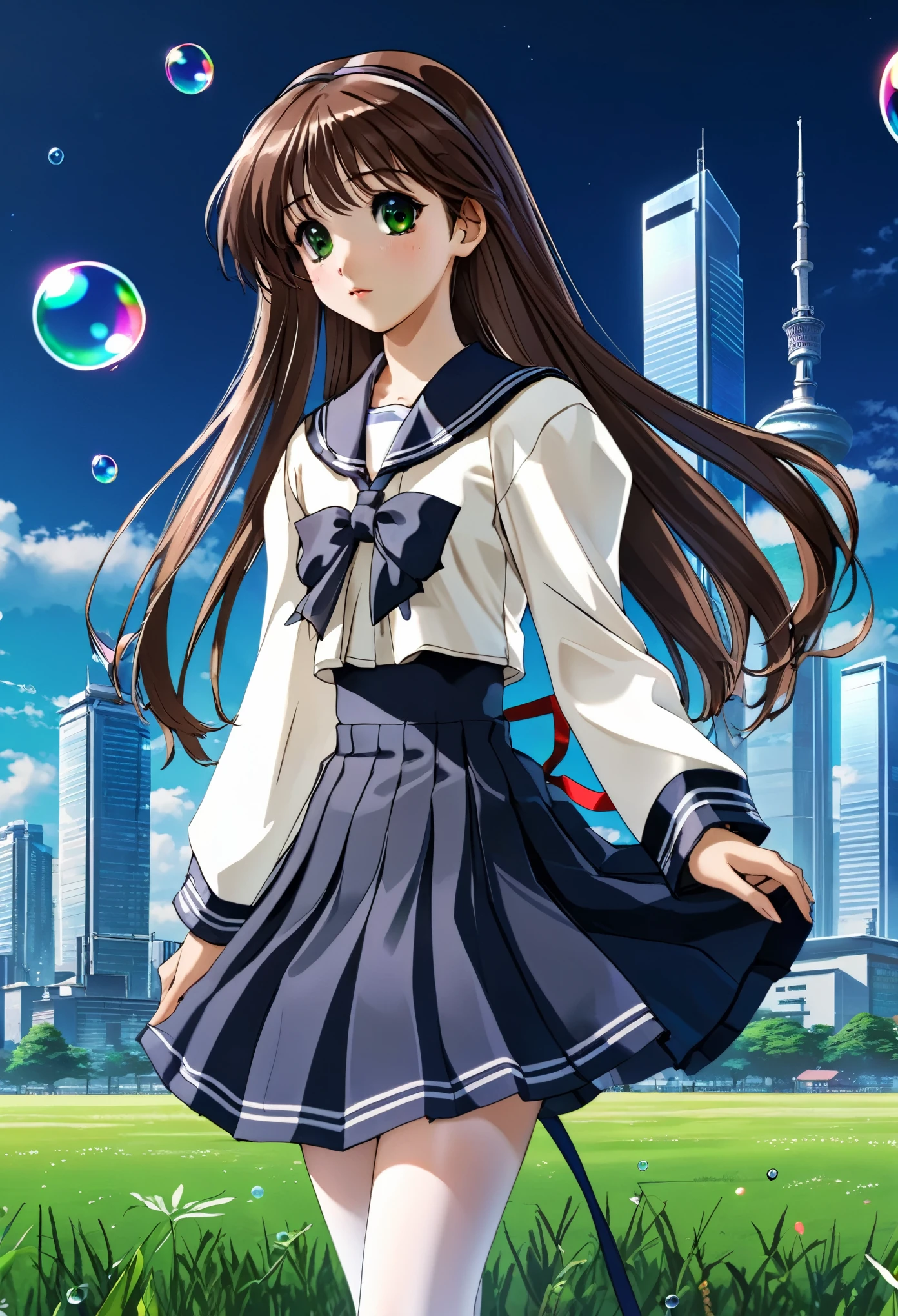 (best quality,4k,highres),ultra-detailed,realistic,portraits, Japaneese school girl, green eyes, long brown hair,anime style,futuristic, Frutiger Aero aesthetic, eco-modernist world, bokeh, ribbon headband,small breast,futuristic sailor ****ta dress,puffy sleeves,white and blue,colorful lighting, red ribbon, navy blue pantyhose, school shoes, school bag, school crest, floating bubbles, standing in a green field with distant futuristic skyscrapers in the background, tertiary colors, highly detailed, 4K.