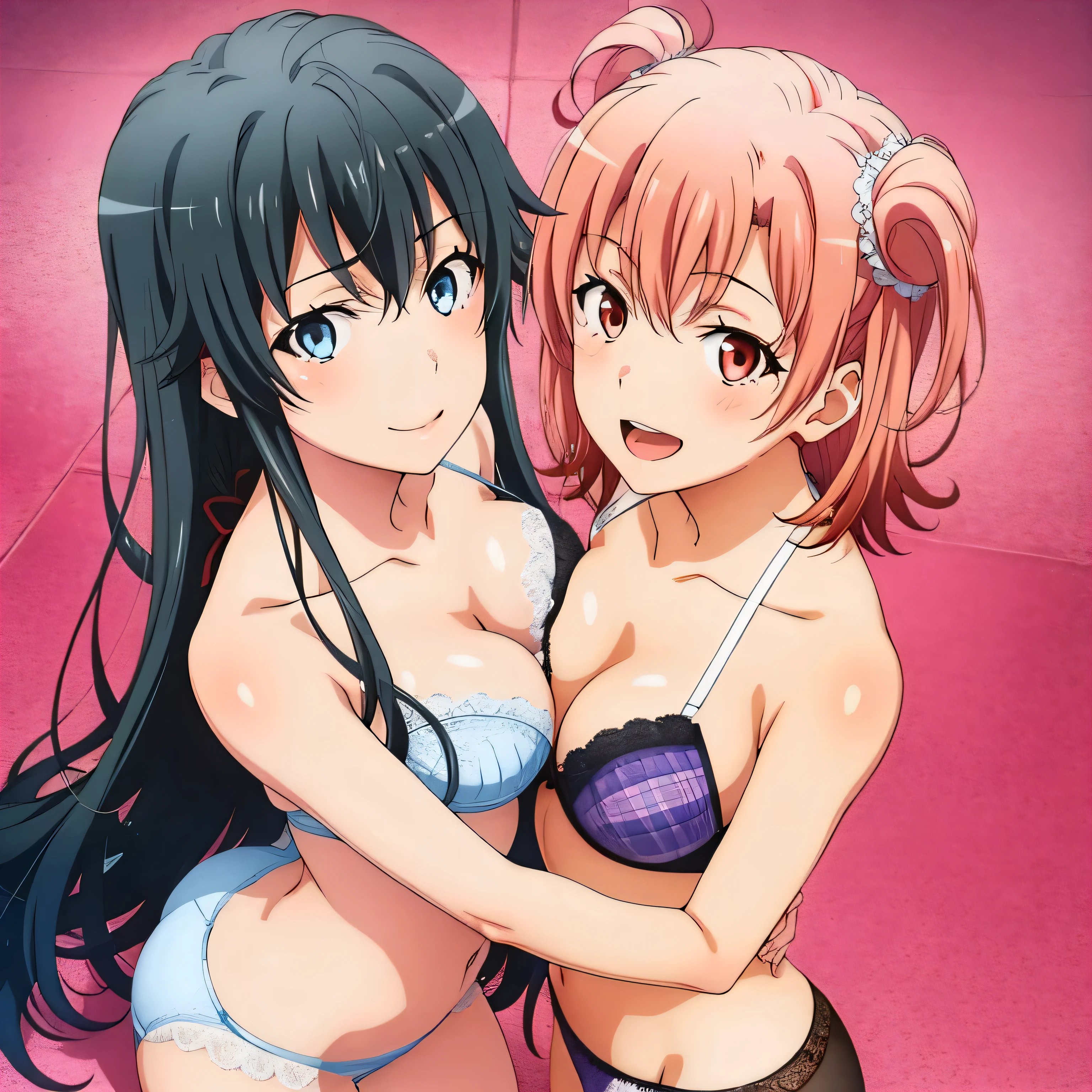 2 girls , Yukinoshita Yukino , Yuigahama Yui&#39;s breasts and buttocks are in good shape., waltz dance , In underwear,face forward,whole body,pink silk panties,white silk panties,thighs,high angle,smile,beautiful eyes,