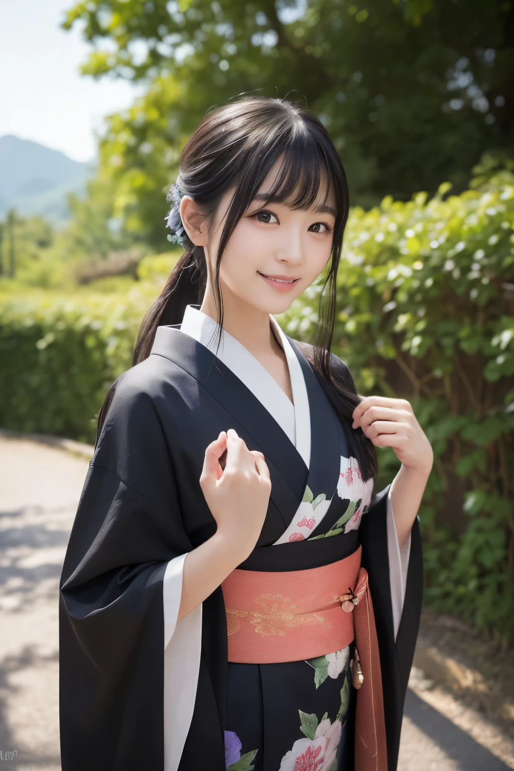 (kimono)、Random pose、(top quality,Masterpiece:1.3,ultra high resolution,),(super detailed,Caustics),(realism:1.4,Original photography,)Ultra-realistic capture,a very detailed,High resolution 16k human skin closeup、 natural skin texture、、Skin looks healthy and even-toned、 Use natural light and color,1 girl,Japanese,kawaii,A black-haired one,Zhongfa,,Smile,,(depth of field、Color difference、、Wide lighting range、natural shadow、)、Half-length photo