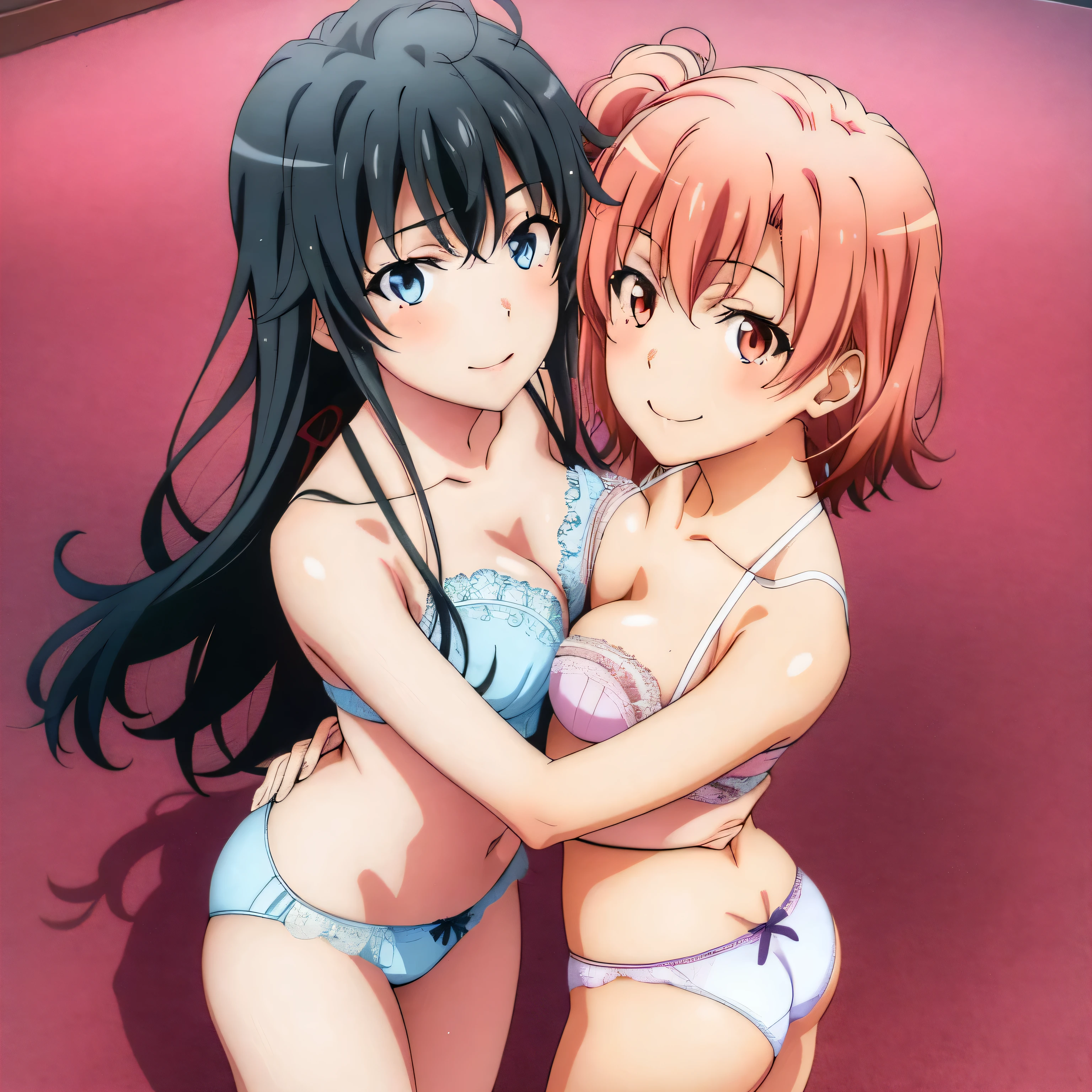 2 girls , Yukinoshita Yukino , Yuigahama Yui&#39;s breasts and buttocks are in good shape., waltz dance , In underwear,face forward,whole body,pink silk panties,white silk panties,thighs,high angle,smile,beautiful eyes,