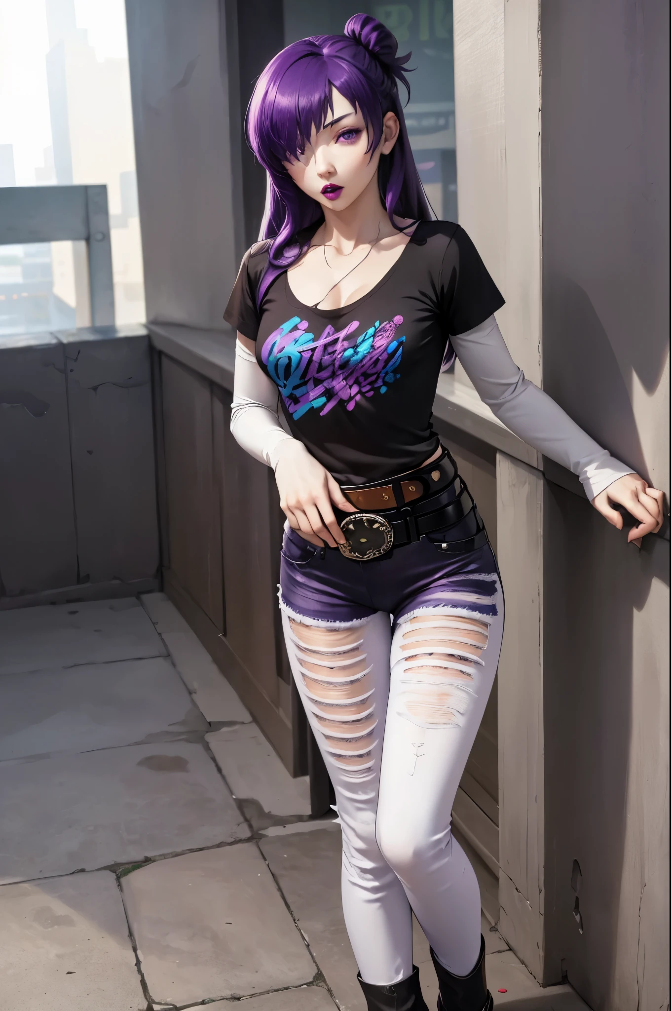 masterpiece, best quality, shez, hair over one eye, purple hair, purple eyes, 1girl, solo, standing, black t-shirt, white shirt, blue jeans, belt, lipstick,
