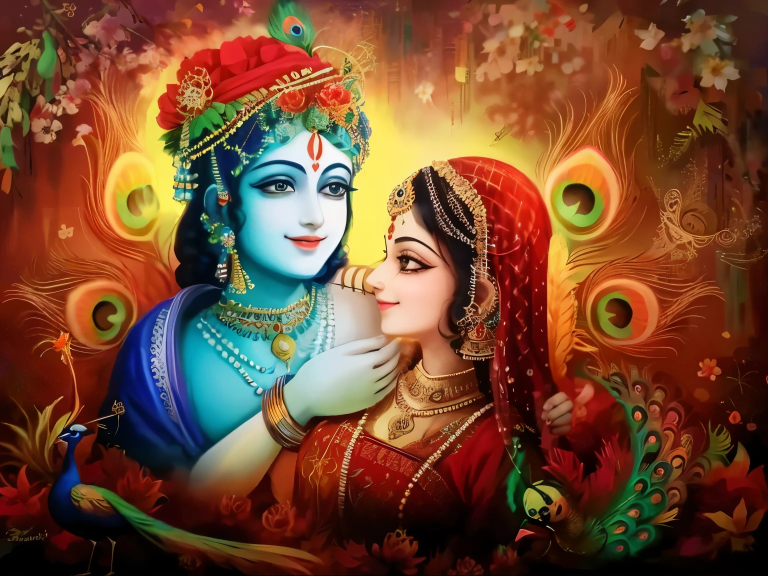 RadhaKrishna from Hindu mythology, peacock feathers, divine smile, adorable face