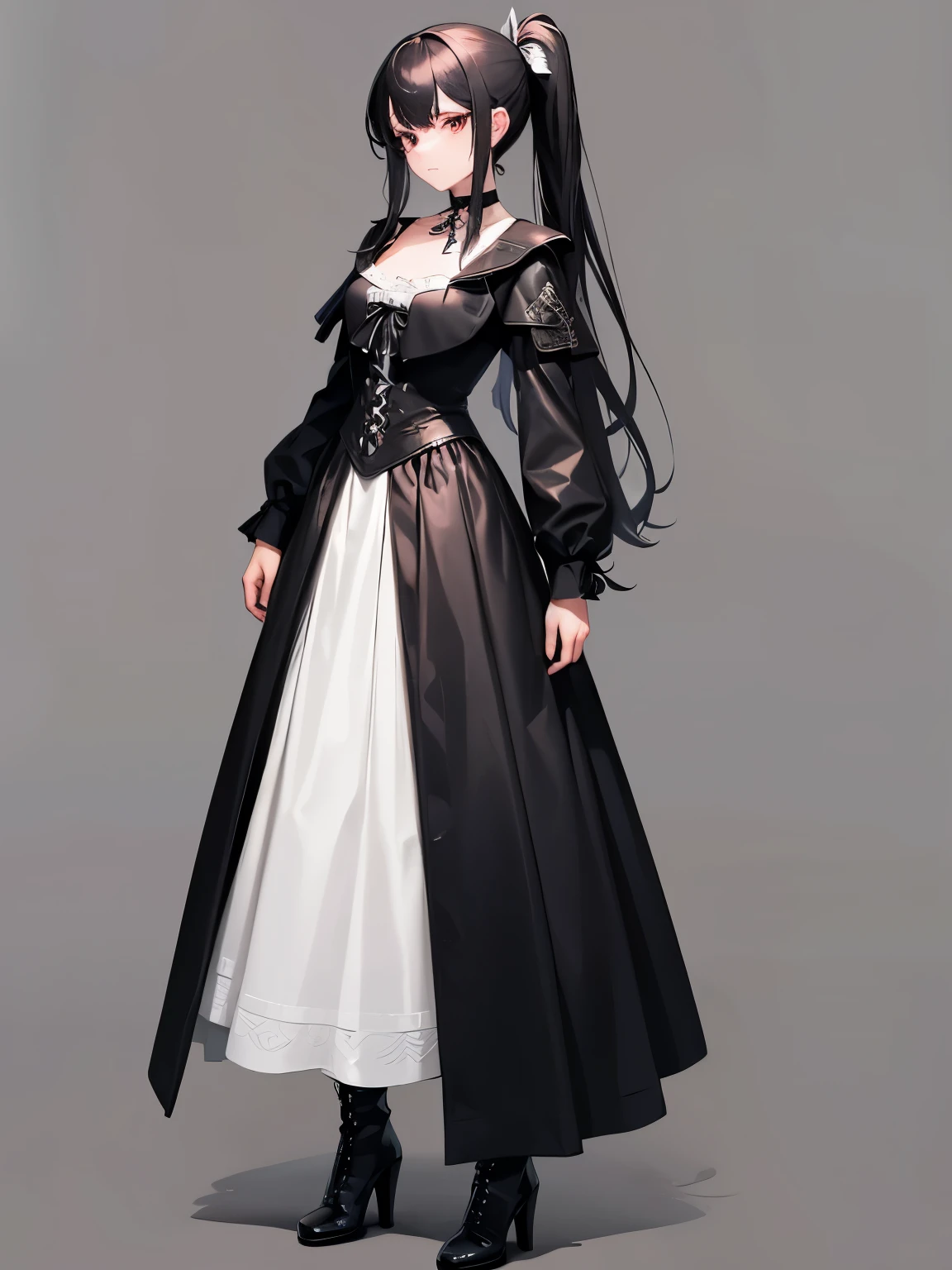 masterpiece, best quality, ultra-detailed, beautiful, 1girl, solo, black hair,side ponytail, long hair,straight hair,white gothic dress,black gothic jacket,choker, long boots, standing, full body, toe, simple background, from front,looking at the viewer,