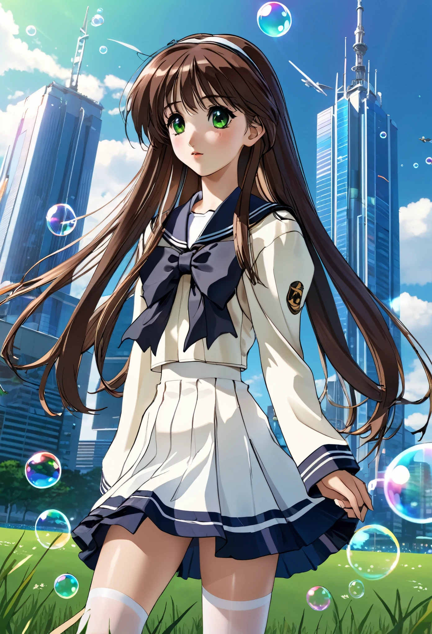 (best quality,4k,highres),ultra-detailed,realistic,portraits, Japaneese school girl, green eyes, long brown hair,anime style,futuristic, Frutiger Aero aesthetic, eco-modernist world, bokeh, ribbon headband,small breast,futuristic sailor ****ta dress,puffy sleeves,white and blue,colorful lighting, red ribbon, navy blue pantyhose, school shoes, school bag, school crest, floating bubbles, standing in a green field with distant futuristic skyscrapers in the background, tertiary colors, highly detailed, 4K.