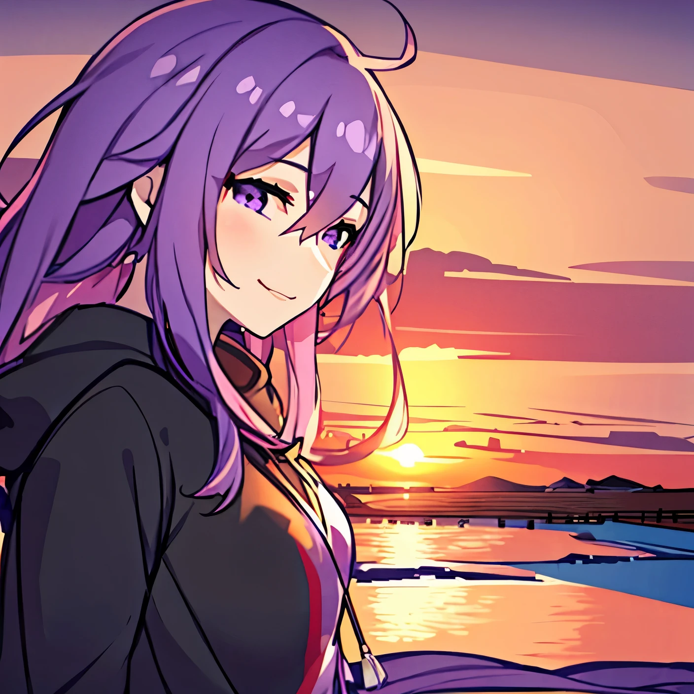 beach,seaside,Sunset,purple hair,purple eyes,Black sweatshirt