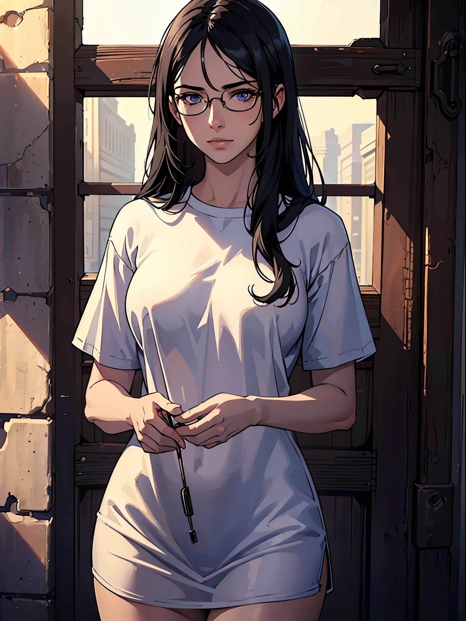 Best quality, volumetric lighting, cool ambient lighting, masterpiece, ultra high res, 4k, (soft round detailed face), (sad expression), depressed, despair, grief, crying, hopeless, (very pale light skin), (bare legs), detailed black hair, ((long messy greasy hair)), (wearing rounded glasses), unwashed, unkempt, tired, disheveled, grey t shirt, (bandaged arm), (both hands touching head)