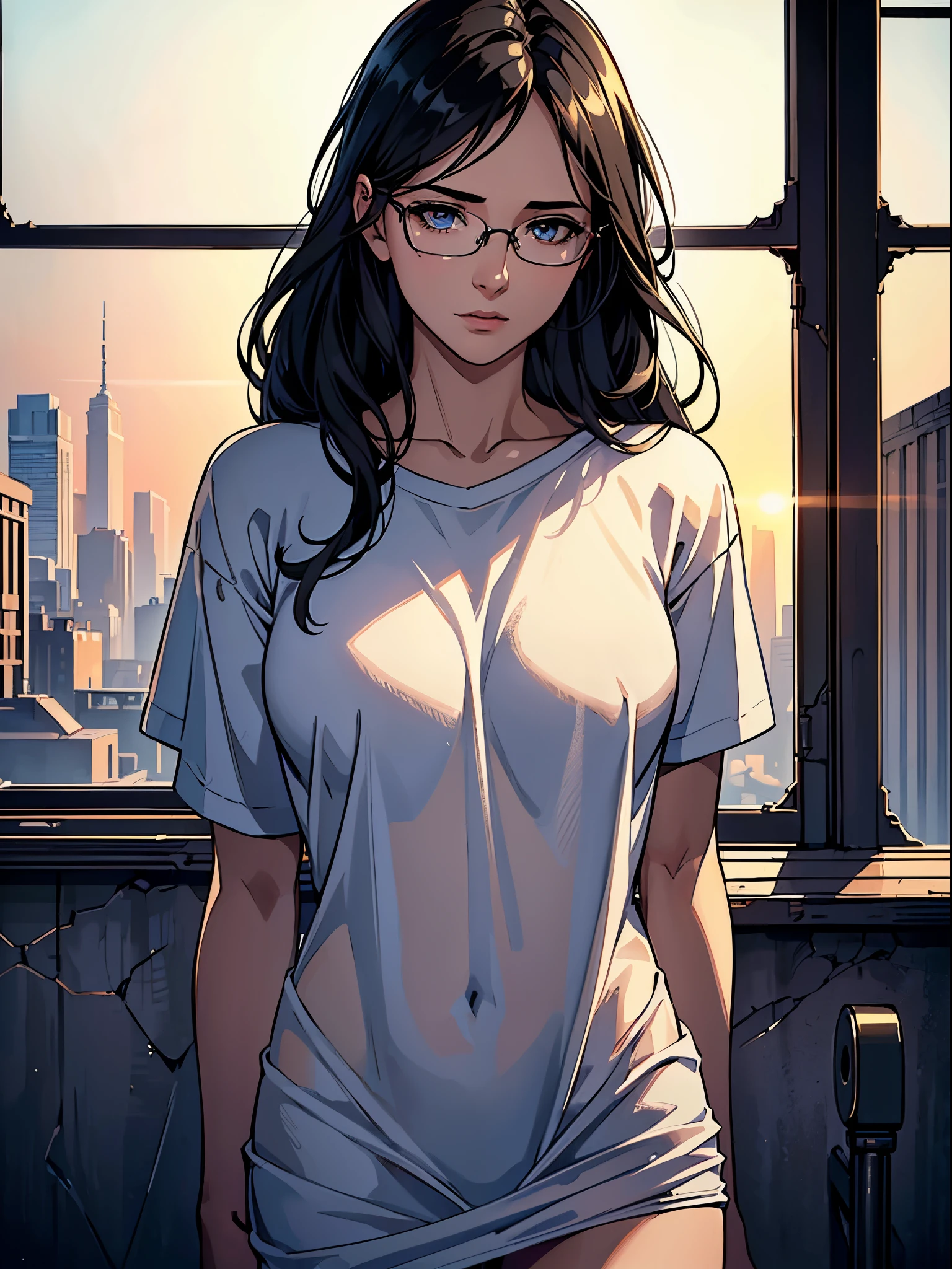 (best quality:1.4),masterpiece,ultra-detailed,delicate features,delicate skin,realism,beautiful lighting,cowboy shot,1girl,black hair ,blues eyes ,tareme,long hair,gleaming skin,glasses, oversized t-shirt, wasteland