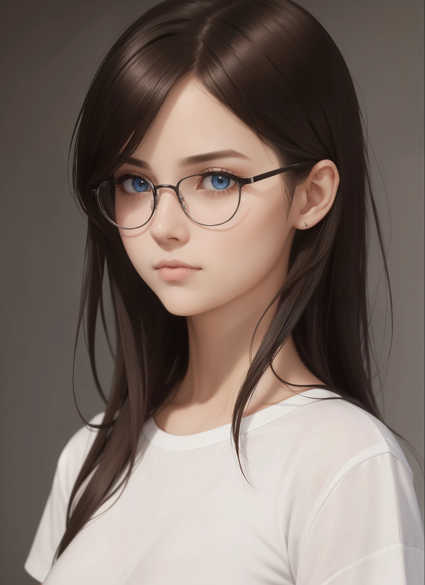 (obra maestra), (parte superior del cuerpo), (nipple erect), retrato, 18-year-old Nordic girl, sexy, mirando al espectador, cabello negro largo, ojos grandes azules, small mouth, labios grandes detallados, glasses, anteojos, sad emotional expression, Peinado de capas frontales, girl face, enfoque facial,, perfect composition, dark background with rust texture, hiperrealista, Kinematic, Super detailed, 8k, alta calidad, Arte de tendencias, tendencias en Artstation, sharp focus, Foto de estudio, Detalles intrincados, Altamente detallado, white t-shirt oversized, Tears