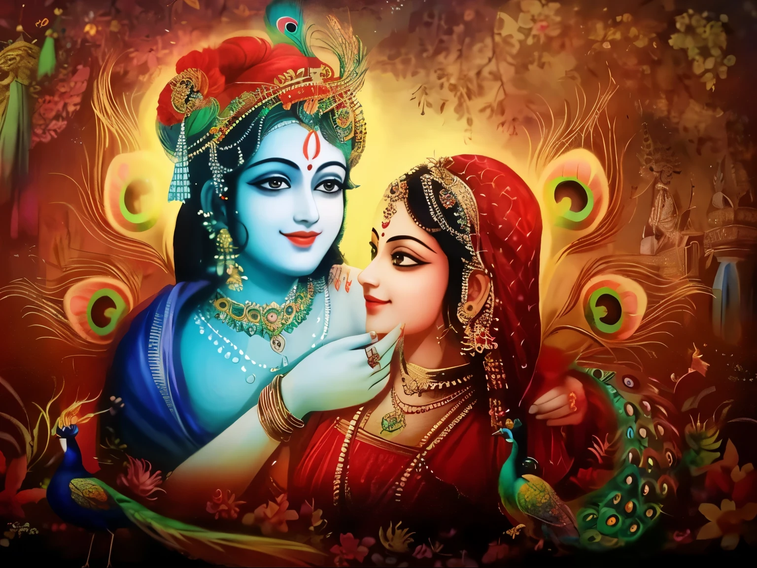 RadhaKrishna from Hindu mythology, peacock feathers, divine smile, adorable face