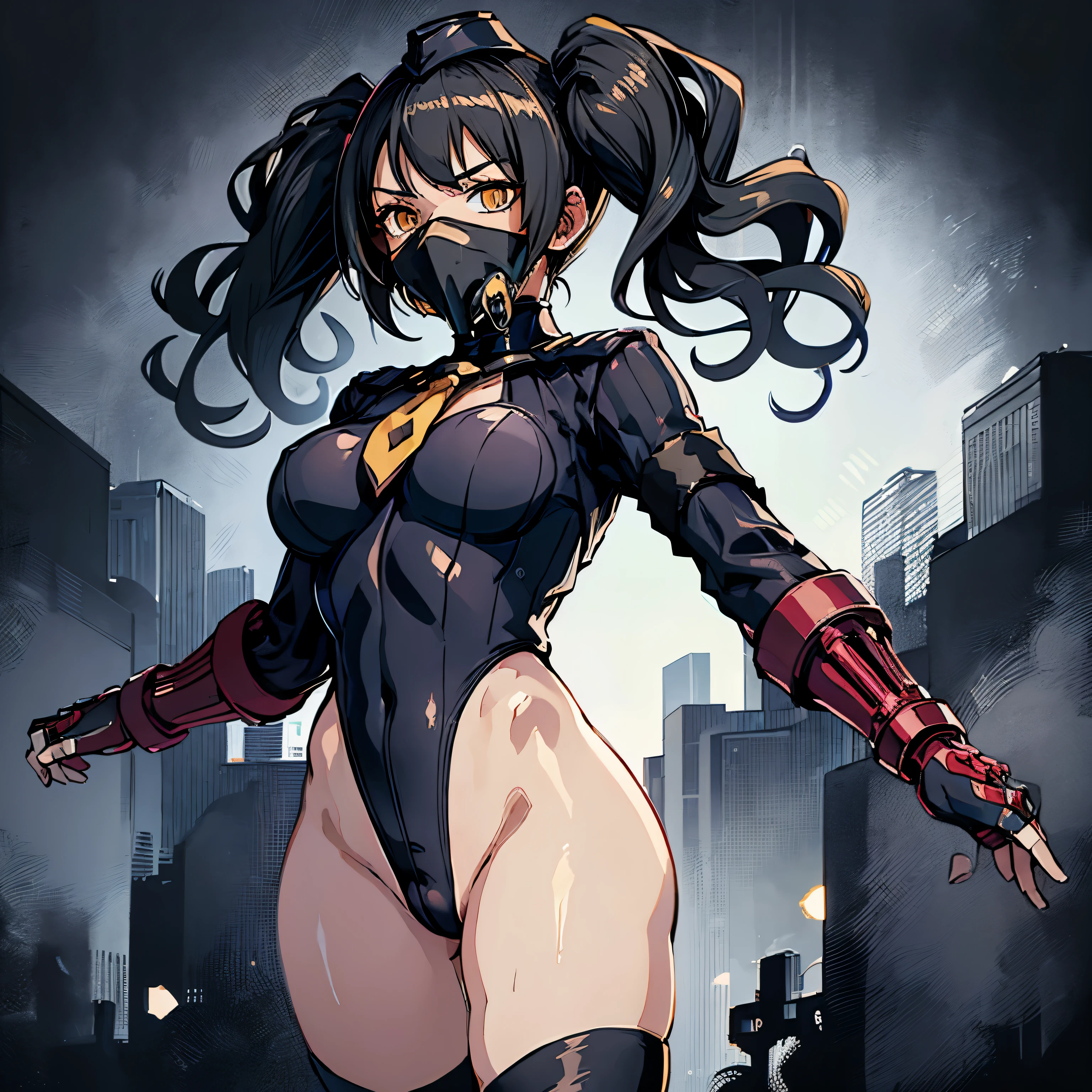 haveรายละเอียดมาก, clear, beautiful body, Beautiful nose, Beautiful character design, perfect eyes, perfect face, very high, 4k, Beautiful legs, perfect legs, good hand, perfect hand, Masterpiece, best quality, haveรายละเอียดสูง, illustration, nonsense, perfect anatomy, street fighter, doll set, Chadaloo Doll, doll set, expressionless, empty eyes, look at viewer, red gloves, Emotionless, black Latex, corruption, mind control, female warrior, full body, hypnotized, ความมึนงงที่ไม่haveความสุข, full body suit, Rib bodysuit, Both arms are at the sides., obey, Perfect female body, extremely glossy Latex, hypnosis, Hipnolora, empty eyes, mind control device, stances, give up_stance, slave, stand straight, stand, stand at attention, have, necktie, belt, Latex, Rib bodysuit, thigh high, garter belt, stanceการต่อสู้, Extend your right arm away from your shoulder into the air with your hand straight., soldier, thigh boots, black stockings, (((pixel perfect, perfect details))), alone, 1 girl, hair accessories, long hair, black hair, hair ribbon, yellow eyes, scarecrow, Girls&#39; frontline, medium sized , twin tail, (((Gas Mask))), scarecrowGasmask, Sangvis Ferry, greet, greet, soldier greet 