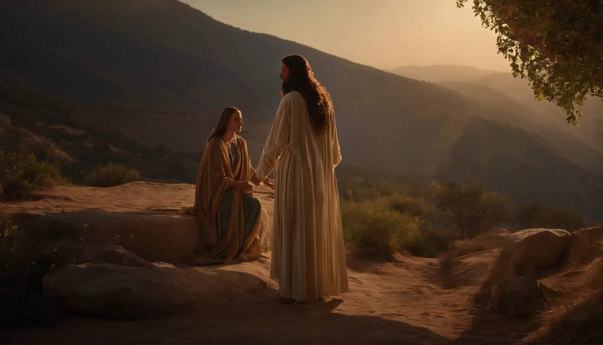 a scene in which the resurrected Jesus talks to Mary Magdalene in front of the tomb. ele esta com vestes brancas e Maria esta chorando. Jesus cristo ressuscitado. biblical scene, obra prima, melhor qualidade, 8k
