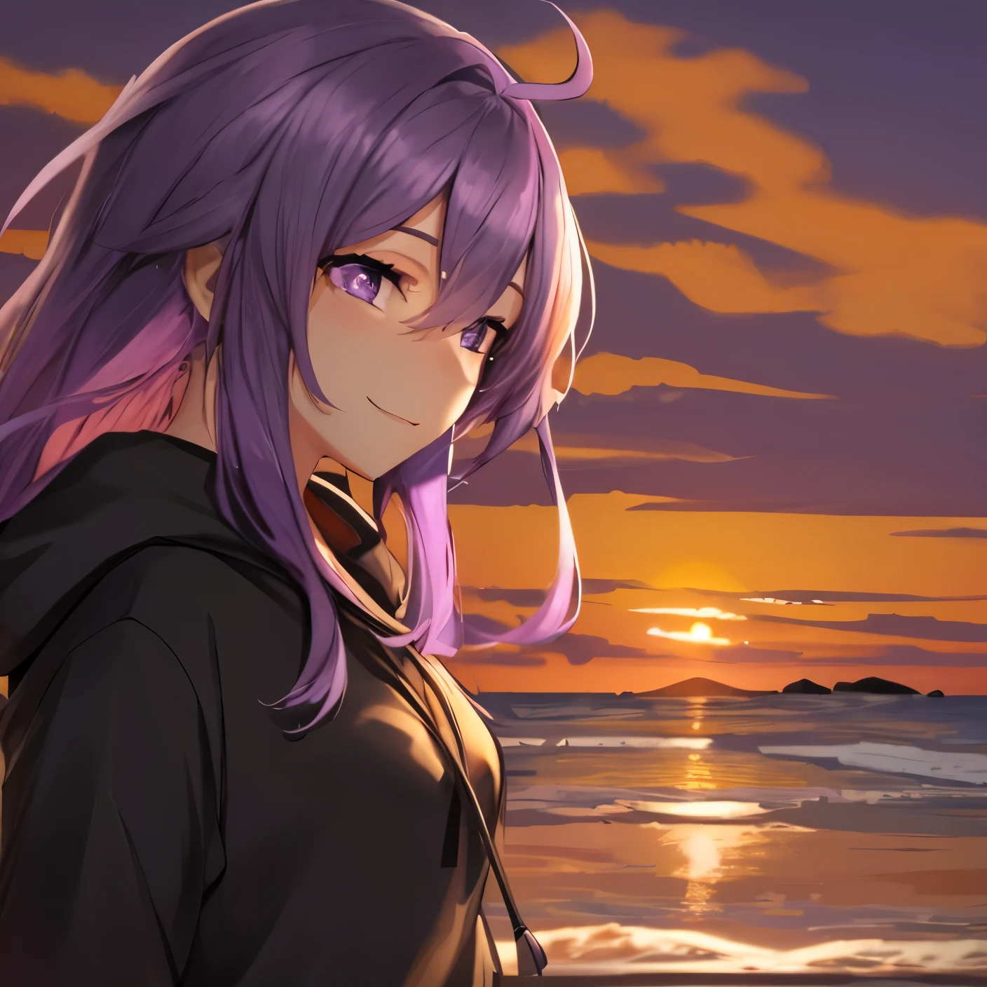 beach,seaside,Sunset,purple hair,purple eyes,Black sweatshirt
