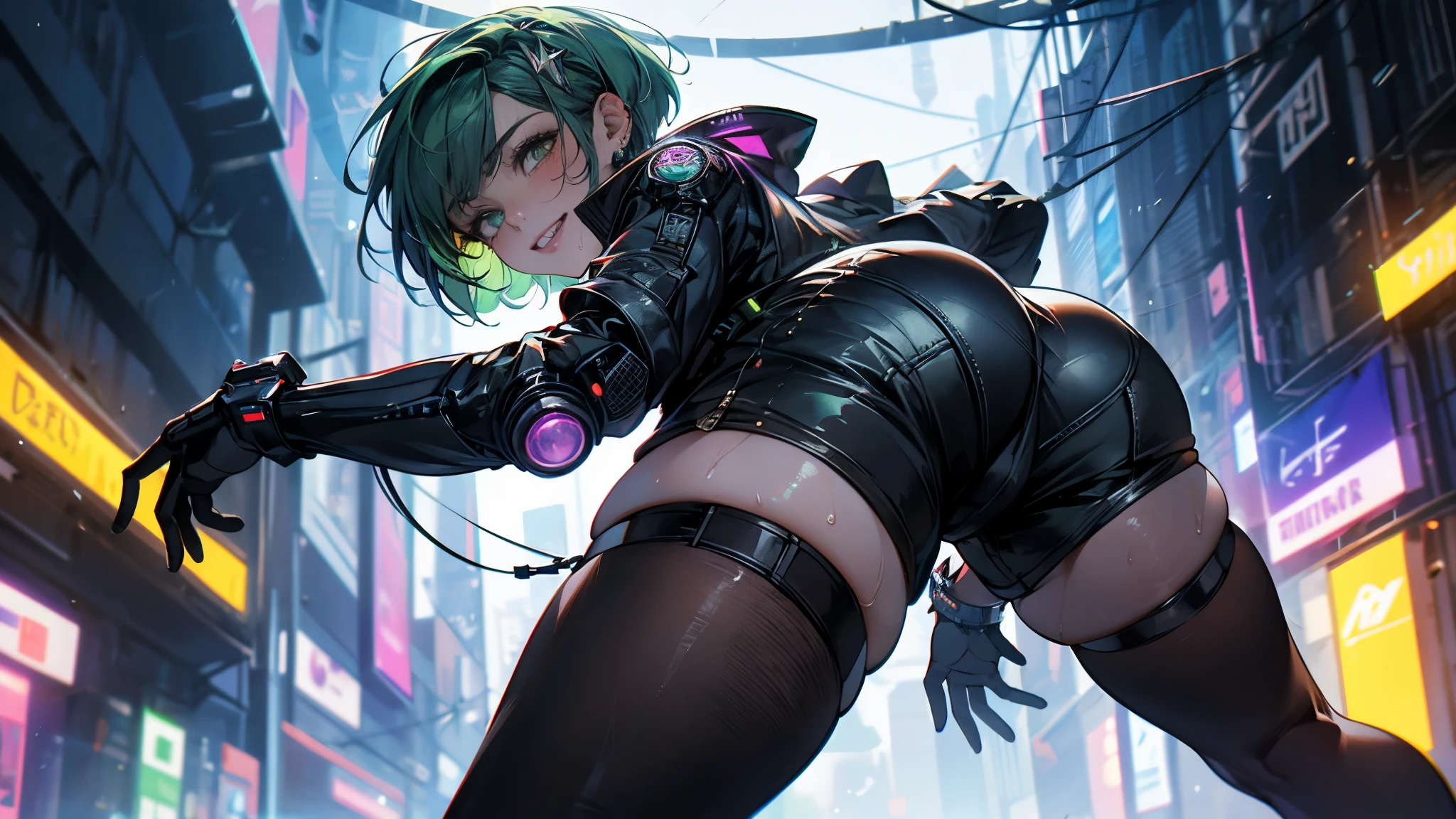 ((Best quality, 8K, Masterpiece: 1.3, 1girl, Beautiful girl)), cute, Dynamism, Detailed face, Detailed skin, detailed clothes, Detailed eyes, Detailed lips, Detailed tongue, Detailed fingers, Detailed mouth, Photorealistic, Raw photo, highres, Natural lighting, dynamic pose, perfect anatomy, toned legs, double eyelids, tear bags, round eyes, moist lips, sweaty, (cyberpunk city, cyberpunk girl), cyberpunk background, cyberpunk clothes, mechanical clothes, jewelry, accessories, hair accessories, green hair, rainbow hair, thighhighs, half closed eyes, steam:1.5, sheer, wet clothes, pixie cut, grin, short pants, close up ass, from below, looking at viewer