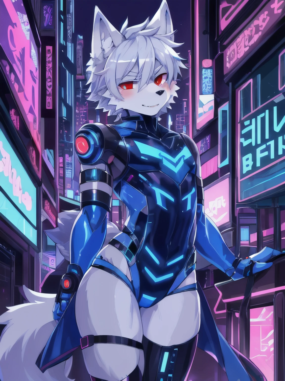 masterpiece, perfect anatomy, solo, 1boy, Furry, kemono, furry wolf, anthropomorphic, male, silver fur, silver skin, red eyes, femboy, cyberpunk clothes, sexy clothes, revealing clothes, ((blue clothing)), cyberpunk city, strip club, uploaded on e621, Cyberpunk technology. cybernetics,