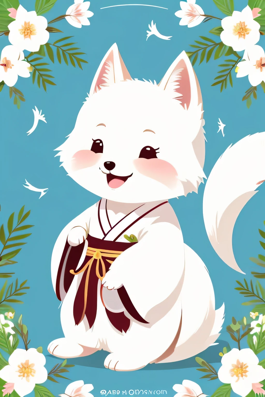 Illustration of a cute white fox wearing Japanese clothes and smiling