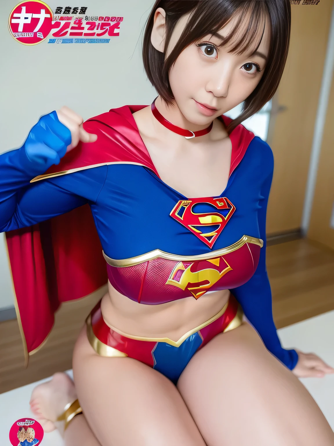 masterpiece、supergirl costume、short hair、barefoot、big and full breasts、Examination room、Straddling the examination table、sexy pose、athlete、shiny、looking at camera、Seduce、choker、long sleeve、red mini skirt、Weekly magazine cover、
