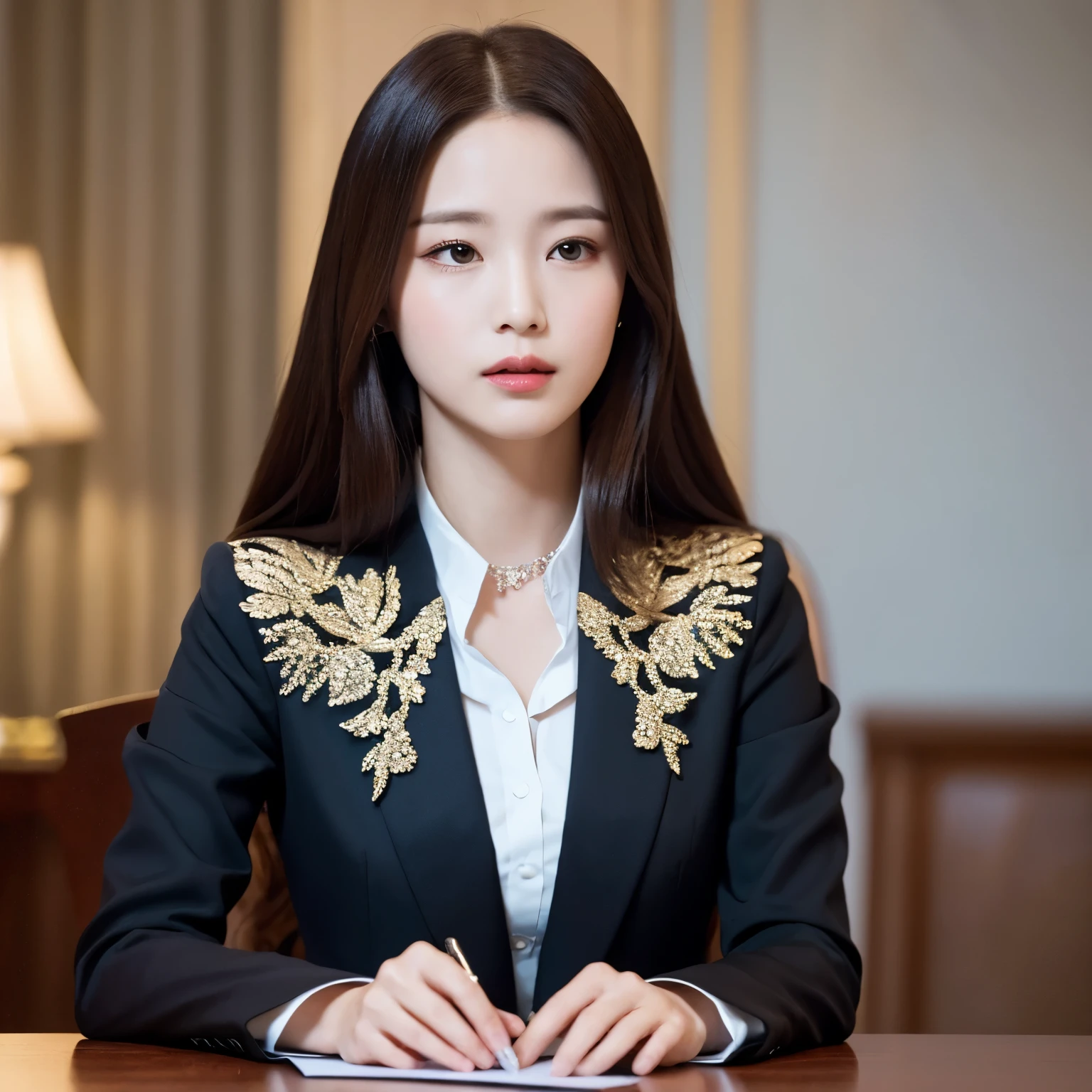 ((Best quality, high resolution: 1.2)), One woman, Receiving a temporary exception notice: 1.1, elegant posture, attentive expression, detailed face, expressive eyes, long straight hair, graceful hands holding a letter, formal attire, sophisticated air.