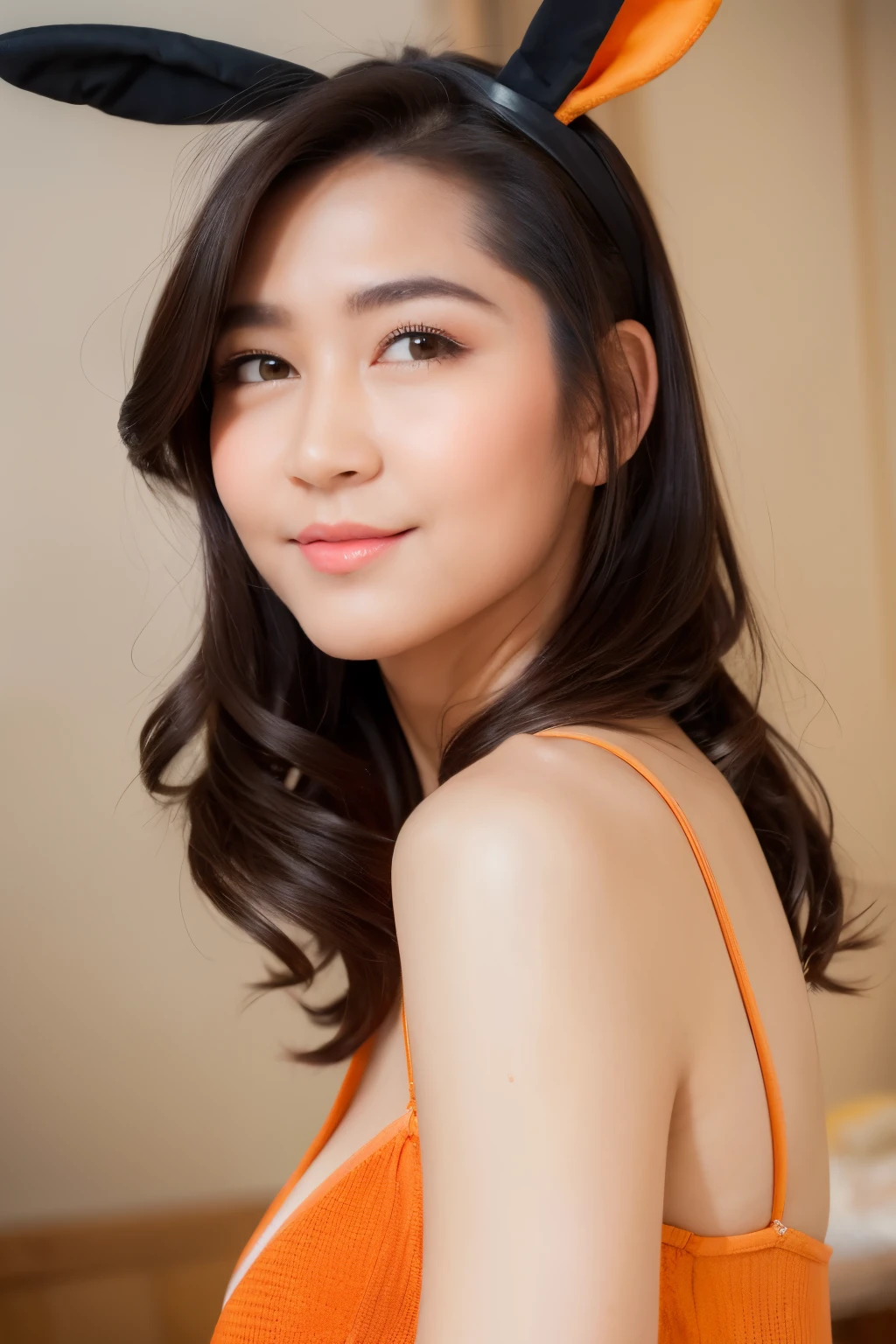 smiling, standing pose, at the bedroom, (orange bunny outfit), (bunny ear on her head), ((potrait body)), at the bedroom, photo of jessica ve, long hair, pink lipstick, black eyes, A mature, 20yo,Young female,Beautiful Finger,Beautiful long legs,Beautiful body, Beautiful Nose,Beautiful character design, perfect eyes, perfect face,expressive eyes,perfect balance, (looking at viewer), official art,extremely detailed CG unity 8k wallpaper, perfect lighting,Colorful, Bright_Front_face_Lighting,White skin, (masterpiece:1.0),(best_quality:1.0), ultra high res,4K,ultra-detailed, photography, 8K, HDR, highres, absurdres:1.2, Kodak portra 400, film grain, bokeh:1.2, lens flare, (vibrant_color:1.2),professional photograph, (Beautiful,huge_Breasts:1.4), (beautiful_face:1.5),(narrow_waist), looking at viewer, front view, (very detailed face)