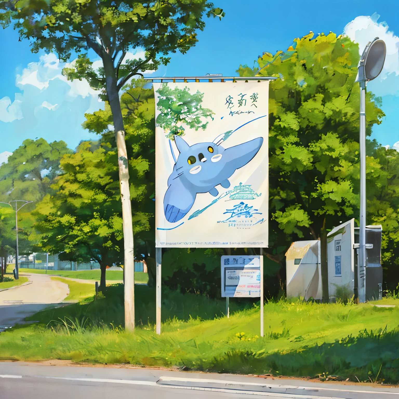 A minimalist poster hangs temporarily on the roadside, boasting exceptional Ghibli Studio art by Miyazaki. The pasture scene it depicts is serene, with a blue sky dotted with fluffy white clouds.