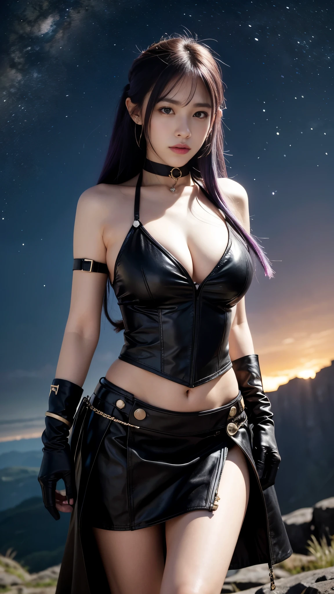 Works of masters,Higher quality,high detal,ultra high resolution,8K resolution,depth of fields,first person perspective,solo person,femele,sheik,thick eyebrow,expressiveless,Purple hair big breasts,long whitr hair,hoop earings,bangle,ear studs,choker necklace,Iron thorns,Leather skirt,fur shawl,Combat boots,Facing the viewer,eventide,The cloudy,meteor shower,plateau,canyons,Cinematic lighting,volumettic light,Dusk Law,Brilliant Sunshine Law