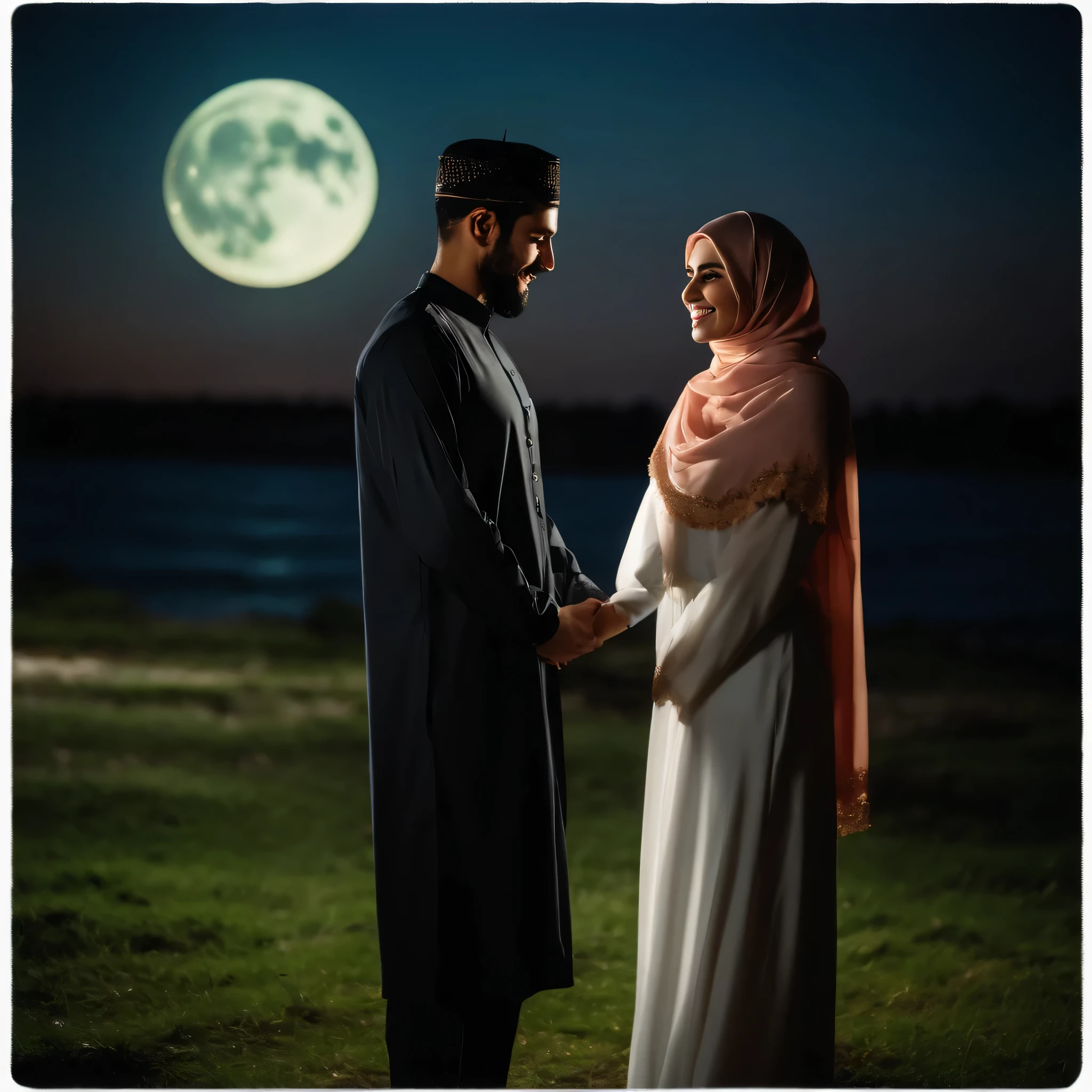 Islamia style for very beautiful lady wearing islamic uniform with hijab with handsome man together in the beautiful moon night, they looking happy and blessed
