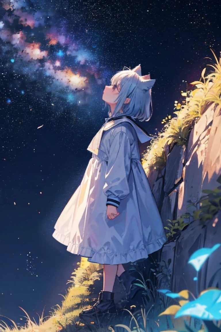 girl, alone, top of the hill, look up,profile,night sky, milky way, perfect quality, good quality, masterpiece, thin, alone, Cat ear