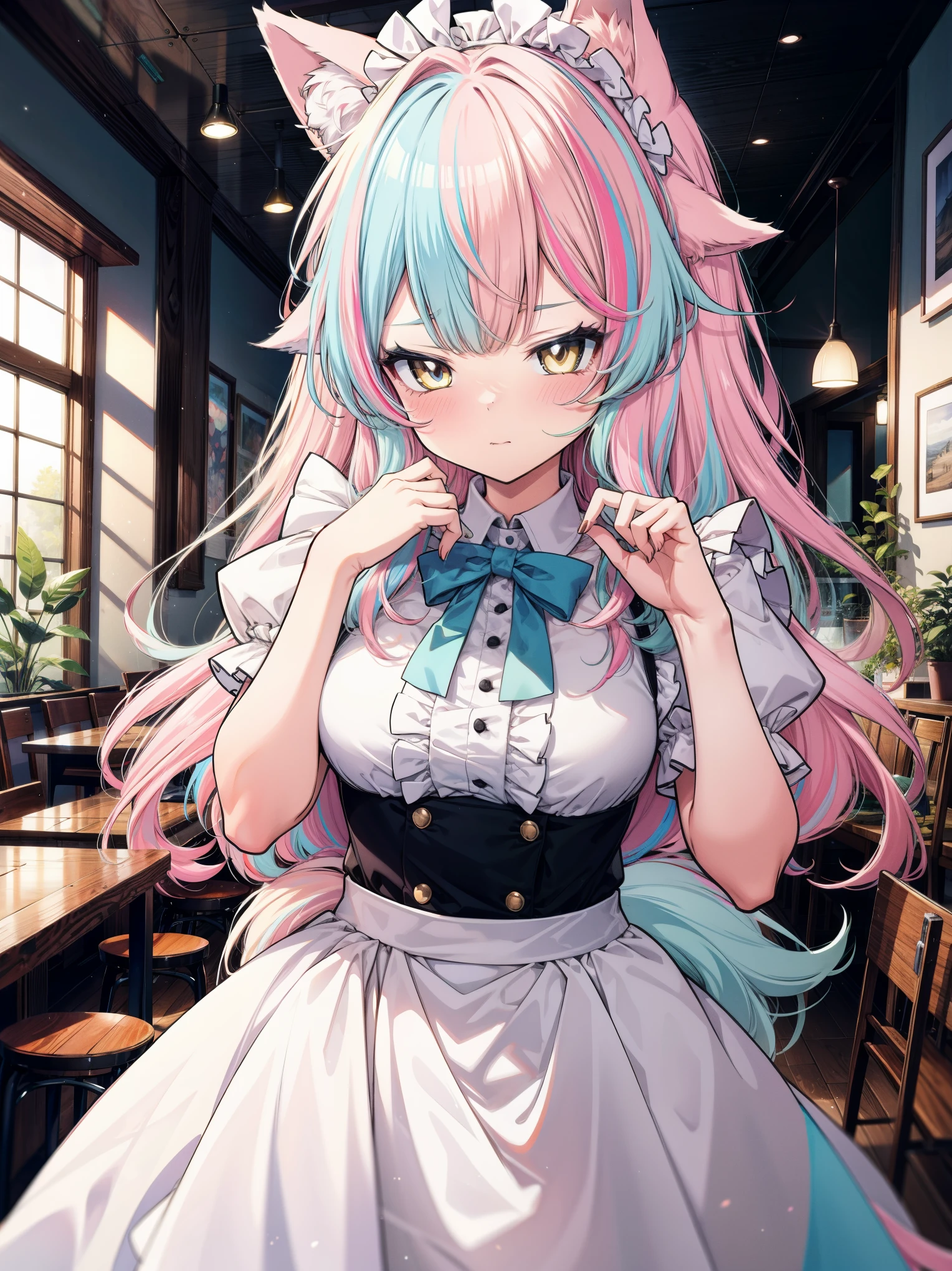 (masterpiece), (best quality), (perfect anatomy), (ultra-detailed), 1 girl, solo, cute face, (pastel color), light color, multicolored hair, light pink hair, (light blue streaked hair:1.1), wavy hair, (wolf girl) wolf ears, wolf tail, Maid clothes, dynamic pose, cafe scenery