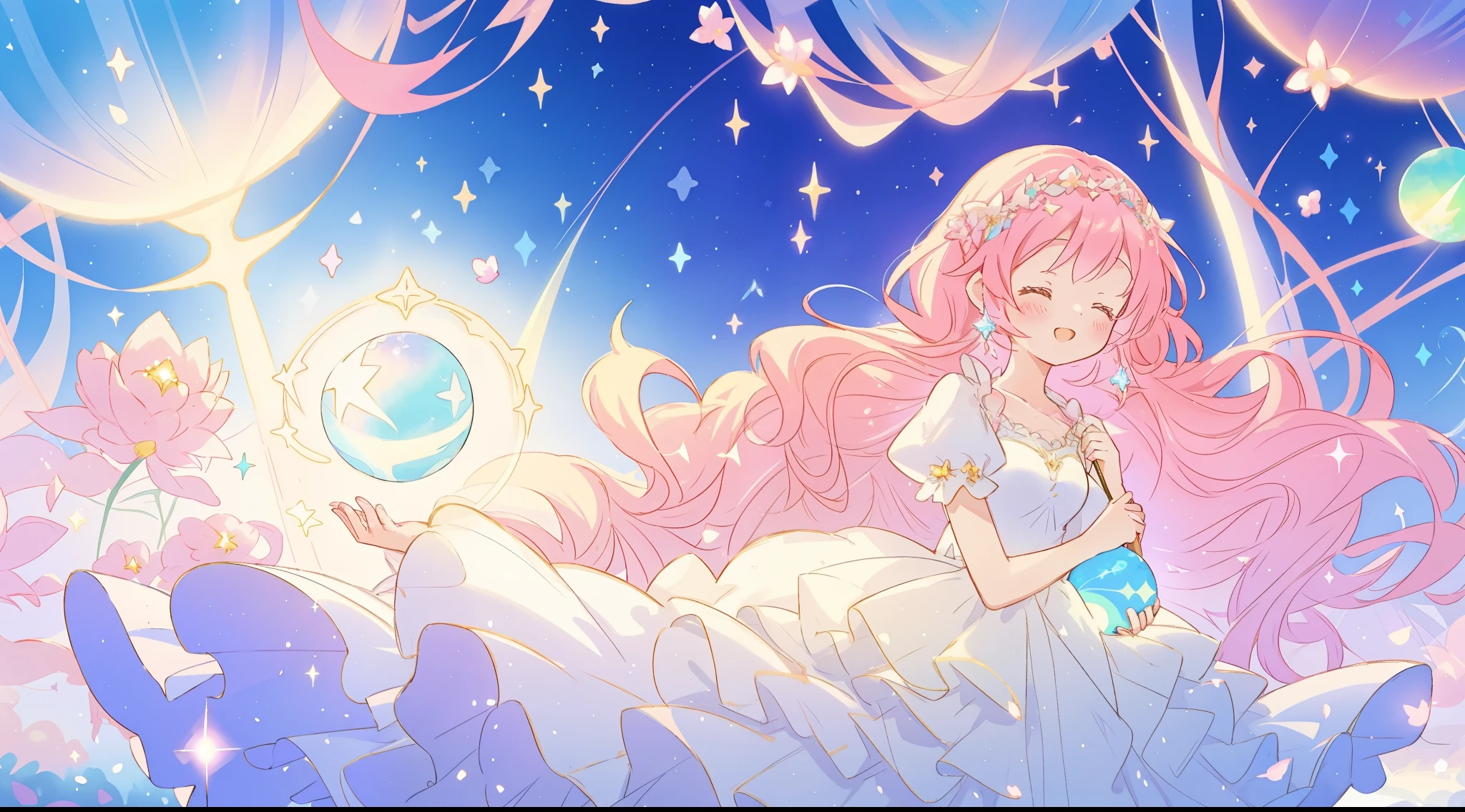 beautiful girl in sparkling white dress holding a magical sphere, ((sparkling puffy layered ballgown)), (magical, whimsical), (glowing magical orb), long flowing colorful hair, colorful fantasia background, watercolor illustration, disney art style, glowing aura around her, glowing lights, beautiful digital illustration, fantasia otherworldly landscape plants flowers, beautiful, masterpiece, best quality, anime disney style