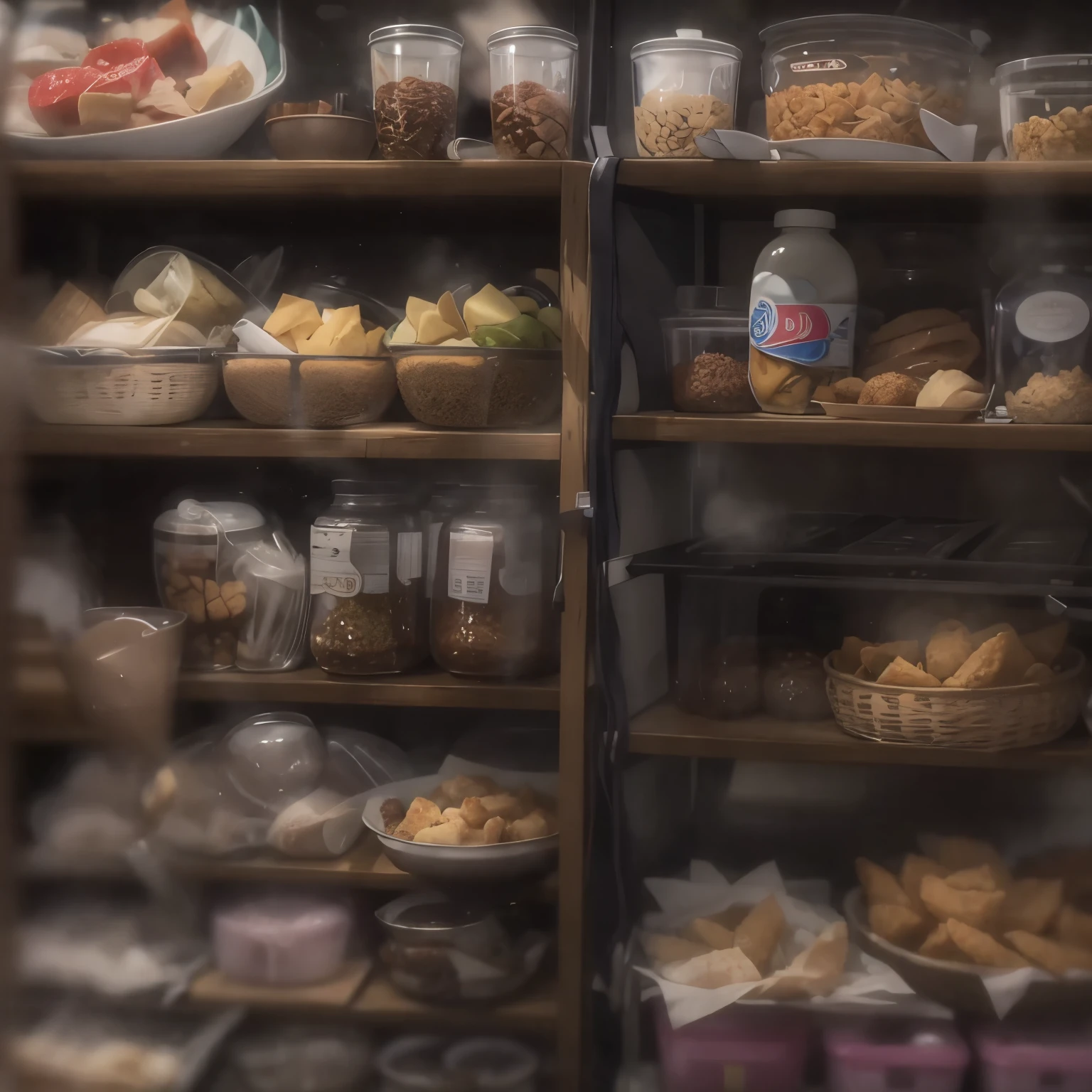 realistic anime picture、simple background、dark、dirty food shelf