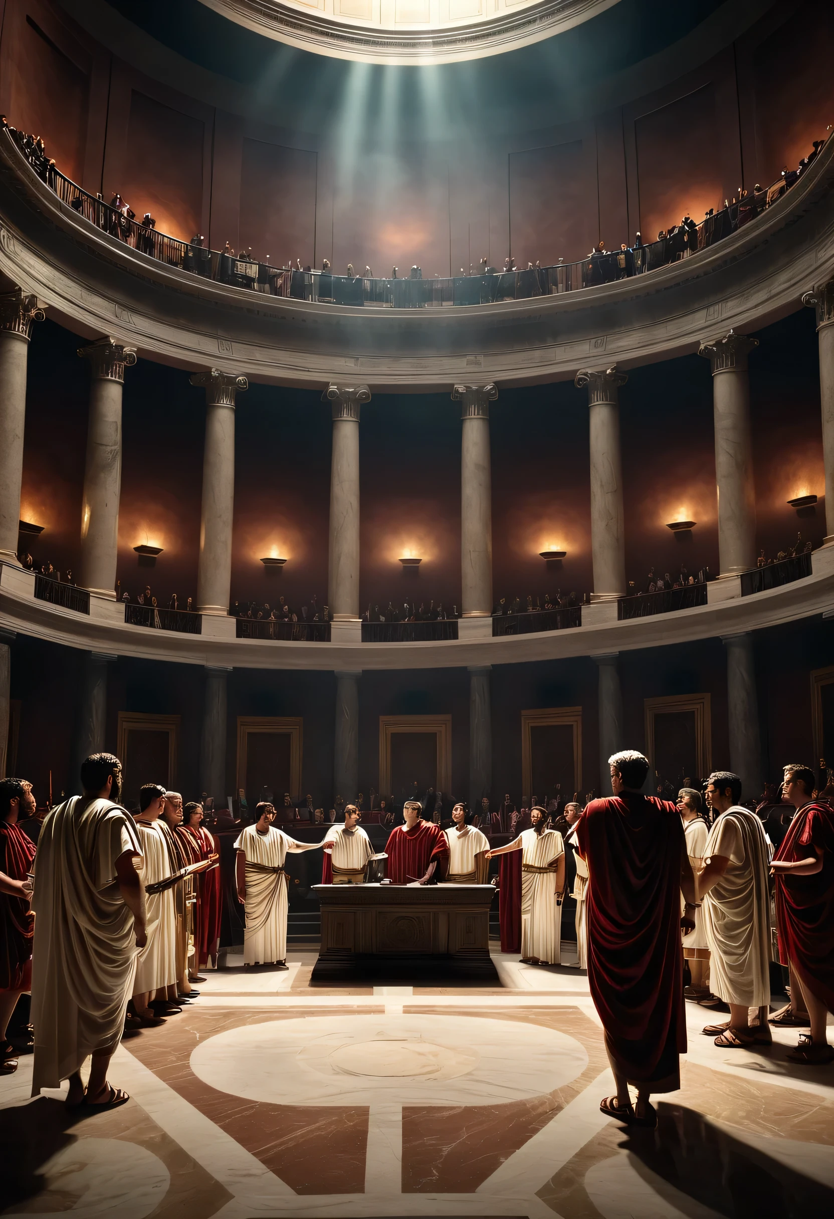 "A powerful and charismatic Ancient Roman general giving an inspiring speech, commanding attention and respect. The general is wearing a magnificent golden armor adorned with intricate engravings, with a flowing crimson cape billowing in the wind. The scene is set in a majestic amphitheater filled with eager crowds, their cheers echoing through the grand architecture. The general's commanding presence, confident gestures, and resolute expression convey strength, determination, and leadership. The lighting highlights the general's features, casting dramatic shadows that add depth and intensity to the scene.+" --auto