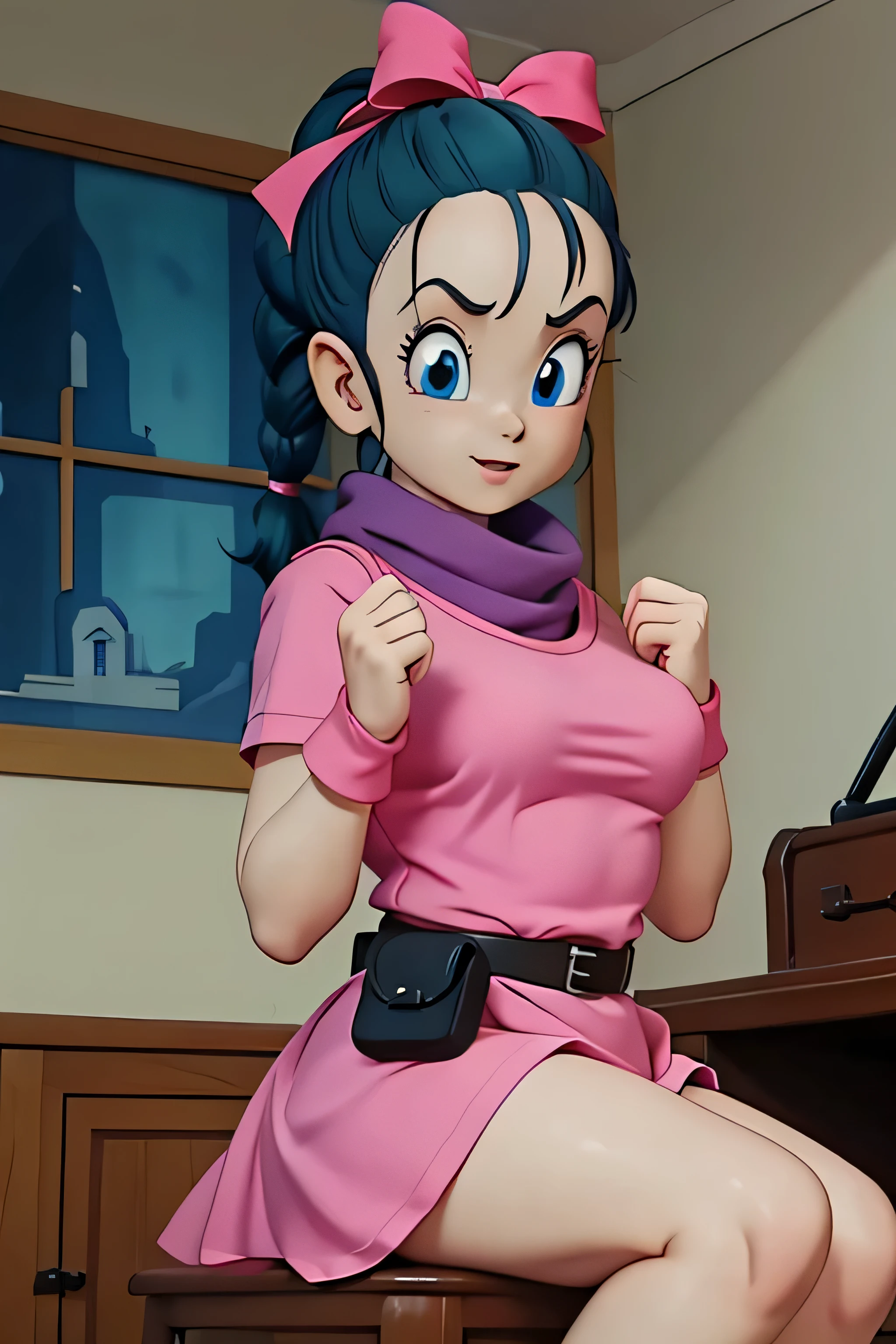 masterpiece, best quality, high resolution, dragon ball, blmpony, aqua hair, hair ribbon, braided ponytail, pink shirt, belt, scarf, pink skirt, clothes writing, brown gloves, medium breasts, in back mini pink dress, sitting, legs crossed, very sexy. CROSING LEGS, SHOW BOOTY