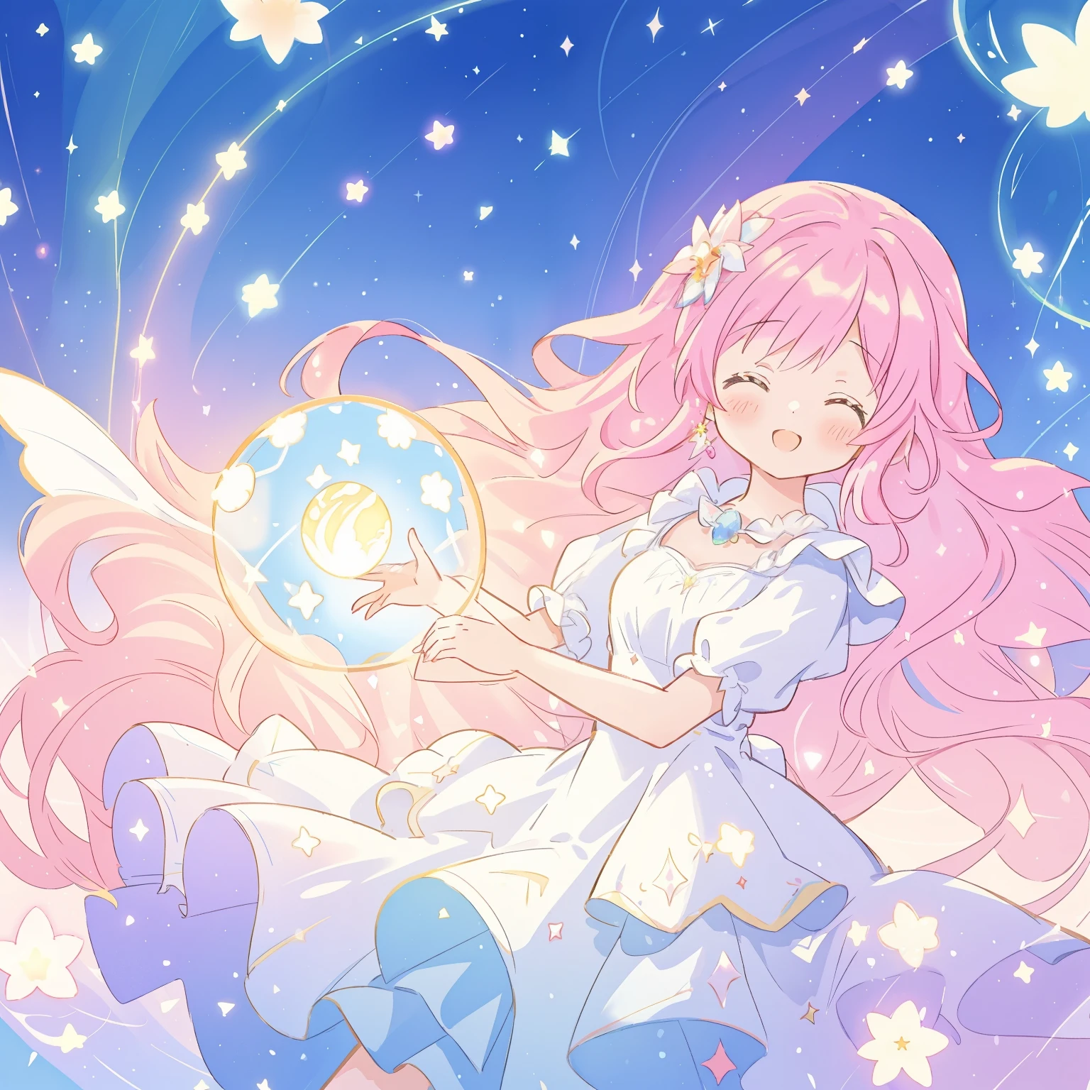 beautiful girl in sparkling white dress holding a magical sphere, ((sparkling puffy layered ballgown)), (magical, whimsical), (glowing magical orb), long flowing colorful hair, colorful fantasia background, watercolor illustration, disney art style, glowing aura around her, glowing lights, beautiful digital illustration, fantasia otherworldly landscape plants flowers, beautiful, masterpiece, best quality, anime disney style