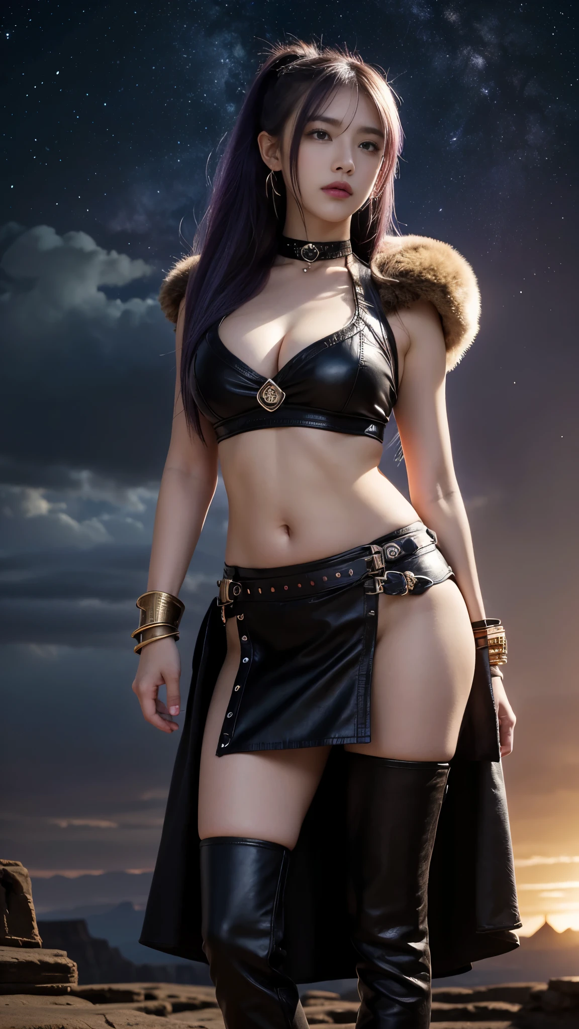 Works of masters，Higher quality，high detal，ultra high resolution，8K resolution，depth of fields，first person perspective，solo person，femele，sheik，thick eyebrow，expressiveless，Purple hair big breasts，long whitr hair，hoop earings，bangle，ear studs，choker necklace，Iron thorns，Leather skirt，fur shawl，Combat boots，Facing the viewer，eventide，The cloudy，meteor shower，plateau，canyons，Cinematic lighting，volumettic light，Dusk Law，Brilliant Sunshine Law