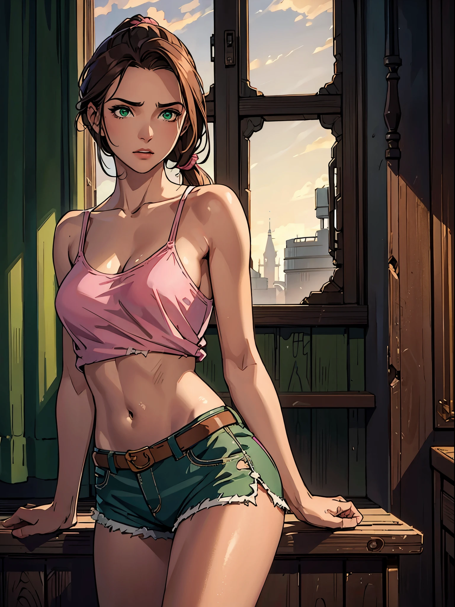 (best quality:1.4),masterpiece,ultra-detailed,delicate features,delicate skin,realism,beautiful lighting,cowboy shot,1girl,brown hair, pony tail,green eyes ,tareme,long hair,tanned skin, pink torn top, torn shorts, wasteland, laura croft