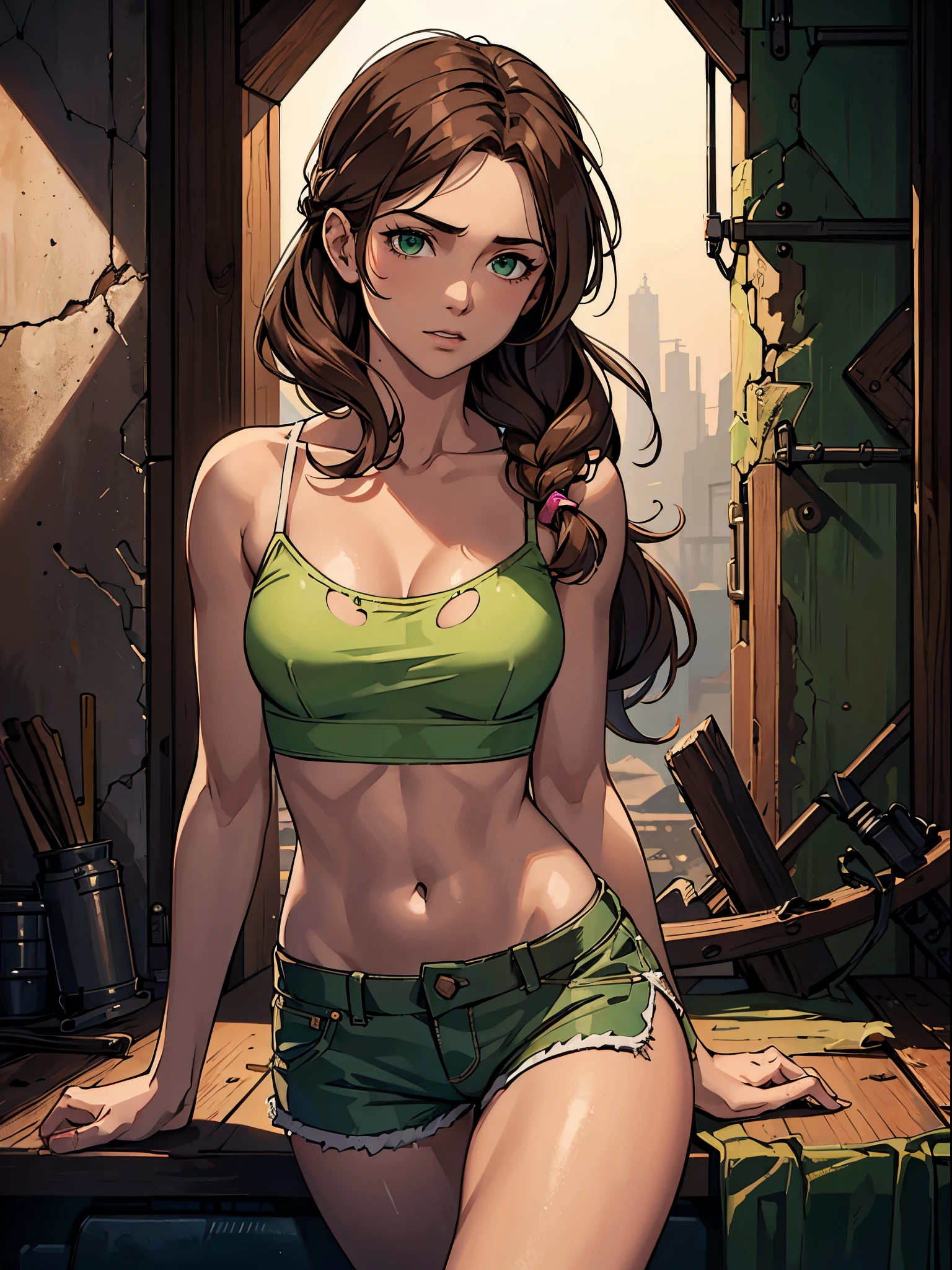 (best quality:1.4),masterpiece,ultra-detailed,delicate features,delicate skin,realism,beautiful lighting,cowboy shot,1girl,brown hair, pony tail,green eyes ,tareme, big , long hair,tanned skin, pink torn top, torn shorts, wasteland, laura croft, sultry look, seductive,
