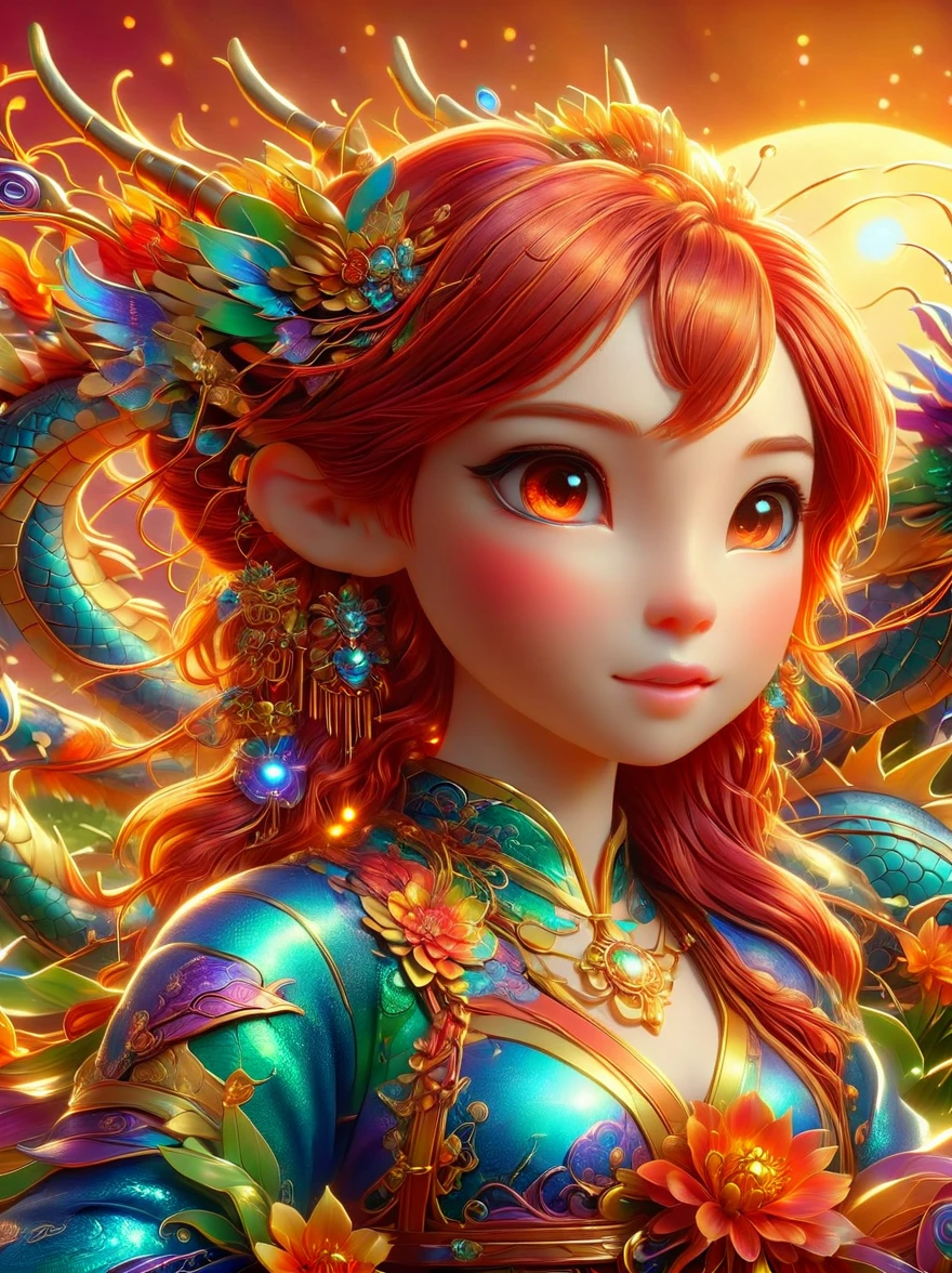 (彩虹色花草甸中休憩的Mecha Fairy:1.6)，whole body，Exquisite and beautiful（Super fine、masterpiece、best quality：1.4）1girl, Mecha Fairy，dynamic angle（Thinnest、masterpiece、best quality）、Best detailed face（most detailed，masterpiece，best quality：1.5），ultra-feminine（most detailed，masterpiece，best quality），Dragon Wings，Red hair，long hair，braid，Dynamic eye color，（Wearing a mecha：1.4），Rest in（Rainbow colored flower meadow：1.6），Full Color，（perfect spectrum：1.3），（Vibrant work：1.4）vibrant red，orange color，，green，blue，indigo，purple daylight，Sun rise，high detail，fantasy art, RPG 艺术best quality, 16k, [Super detailed], masterpiece, best quality, whole body, ultra wide angle lens, Realism, Mecha girl, anatomically correct, textured skin, high detail, 8k