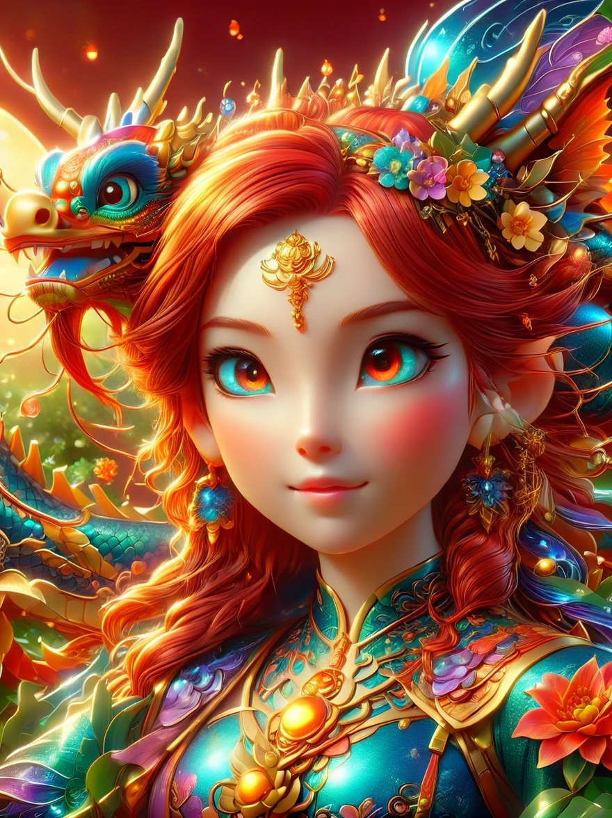 (彩虹色花草甸中休憩的Mecha Fairy:1.6)，whole body，Exquisite and beautiful（Super fine、masterpiece、best quality：1.4）1girl, Mecha Fairy，dynamic angle（Thinnest、masterpiece、best quality）、Best detailed face（most detailed，masterpiece，best quality：1.5），ultra-feminine（most detailed，masterpiece，best quality），Dragon Wings，Red hair，long hair，braid，Dynamic eye color，（Wearing a mecha：1.4），Rest in（Rainbow colored flower meadow：1.6），Full Color，（perfect spectrum：1.3），（Vibrant work：1.4）vibrant red，orange color，，green，blue，indigo，purple daylight，Sun rise，high detail，fantasy art, RPG 艺术best quality, 16k, [Super detailed], masterpiece, best quality, whole body, ultra wide angle lens, Realism, Mecha girl, anatomically correct, textured skin, high detail, 8k