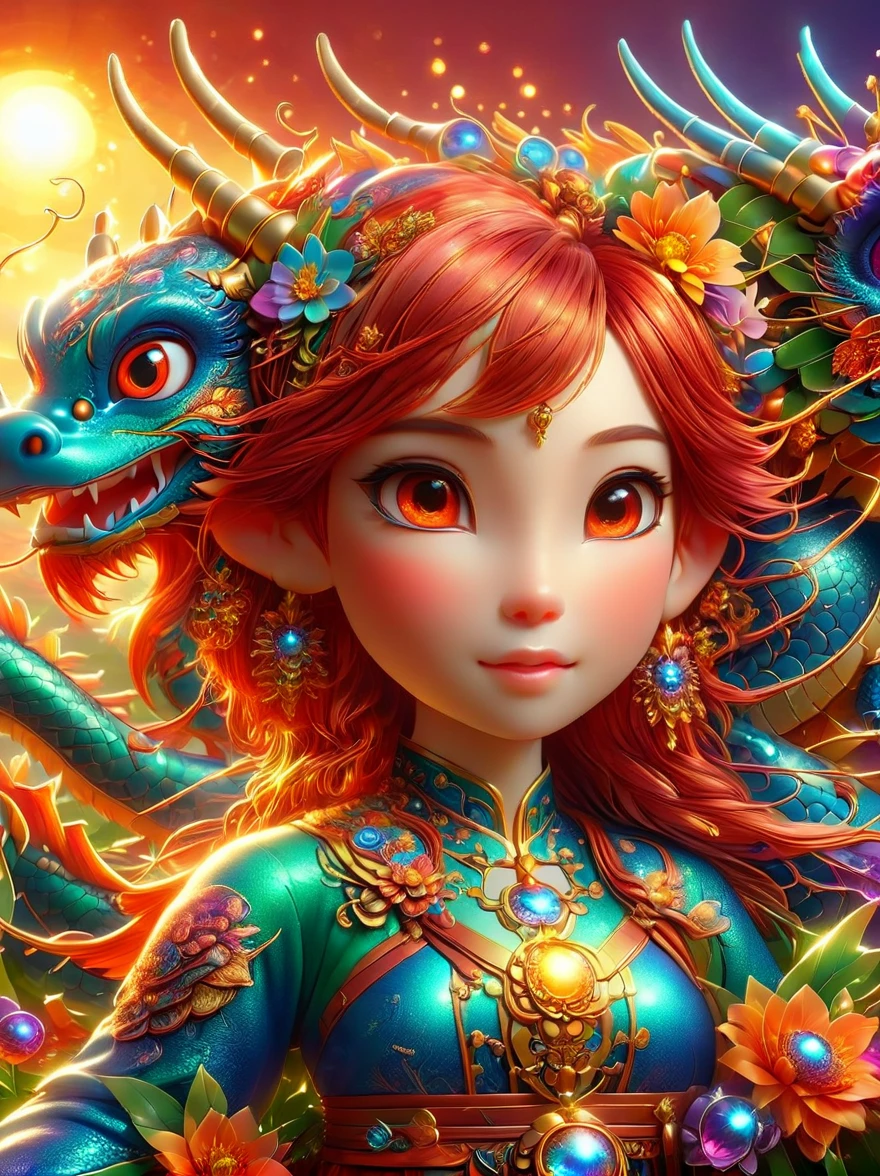 (彩虹色花草甸中休憩的Mecha Fairy:1.6)，whole body，Exquisite and beautiful（Super fine、masterpiece、best quality：1.4）1girl, Mecha Fairy，dynamic angle（Thinnest、masterpiece、best quality）、Best detailed face（most detailed，masterpiece，best quality：1.5），ultra-feminine（most detailed，masterpiece，best quality），Dragon Wings，Red hair，long hair，braid，Dynamic eye color，（Wearing a mecha：1.4），Rest in（Rainbow colored flower meadow：1.6），Full Color，（perfect spectrum：1.3），（Vibrant work：1.4）vibrant red，orange color，，green，blue，indigo，purple daylight，Sun rise，high detail，fantasy art, RPG 艺术best quality, 16k, [Super detailed], masterpiece, best quality, whole body, ultra wide angle lens, Realism, Mecha girl, anatomically correct, textured skin, high detail, 8k